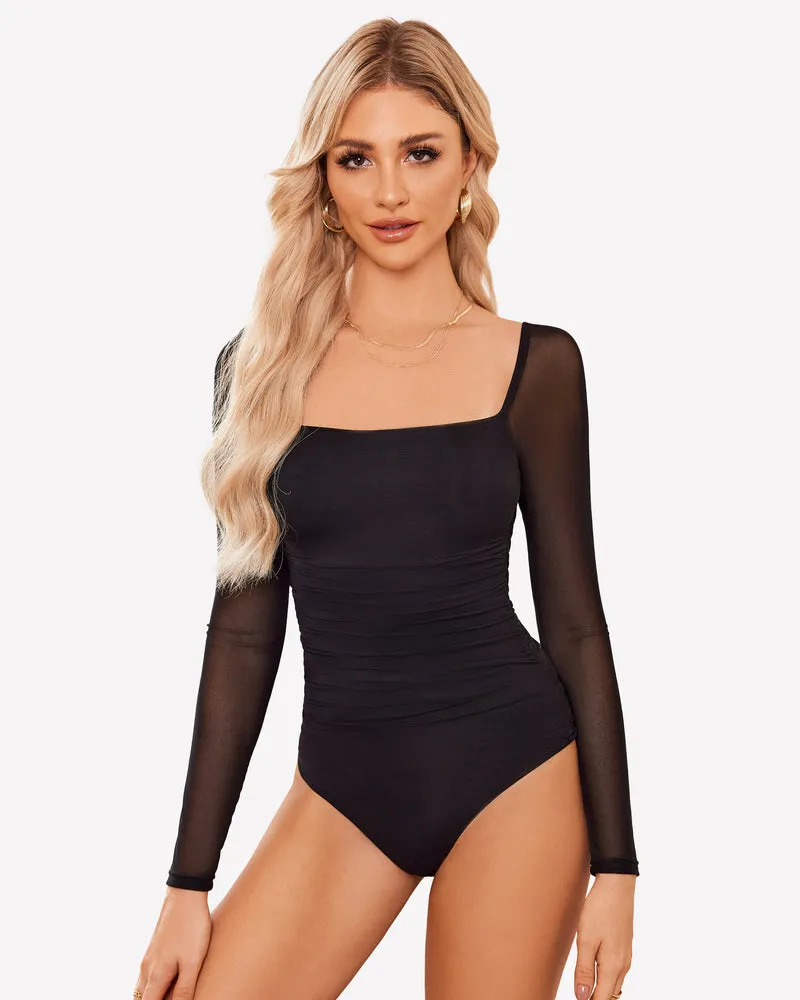 Square Neck Mesh Long Sleeve Bodysuit Shapewear
