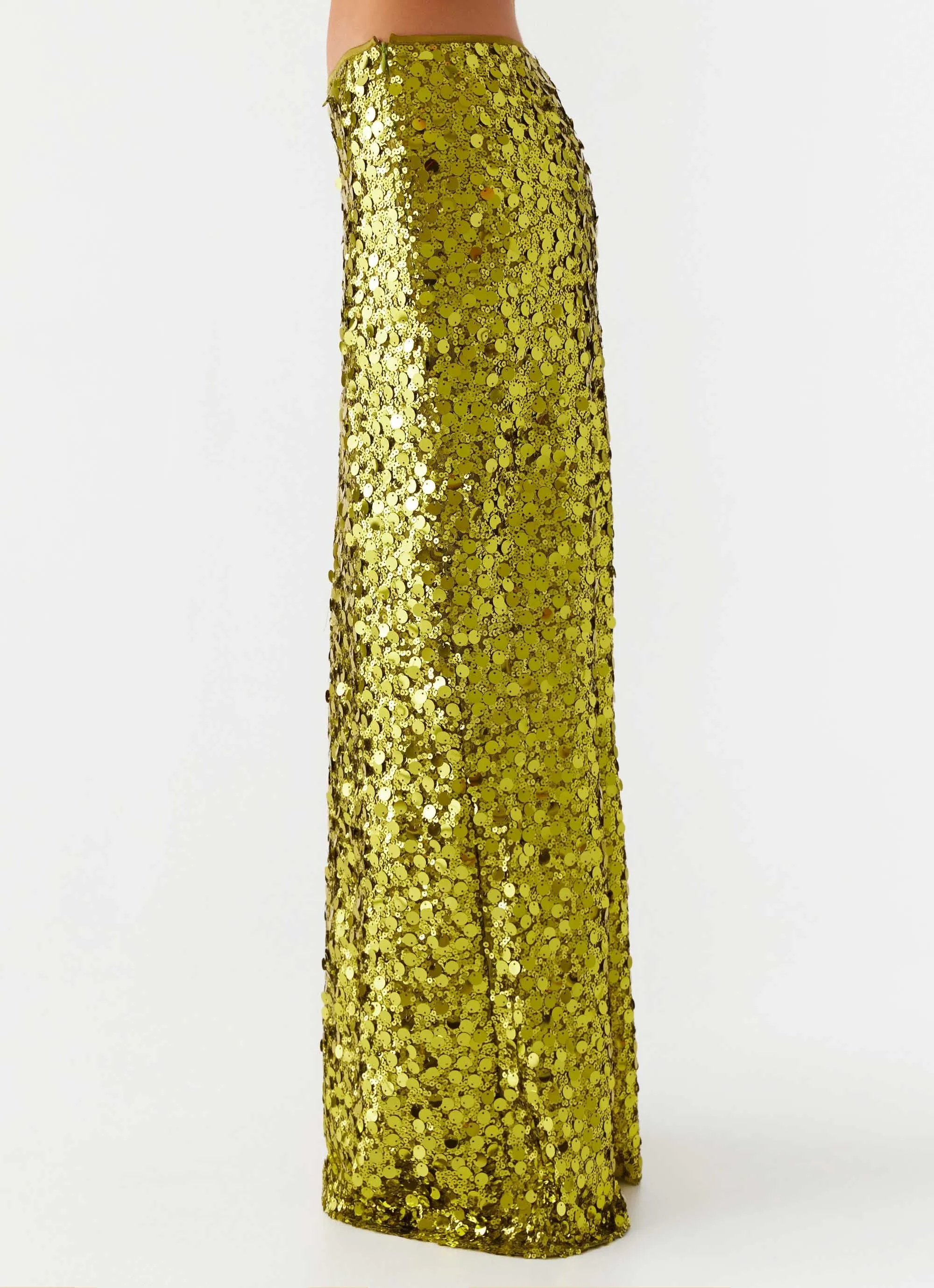 Low Rise Chic casual Perfect Places Low Rise Sequin Maxi Skirt - Olive