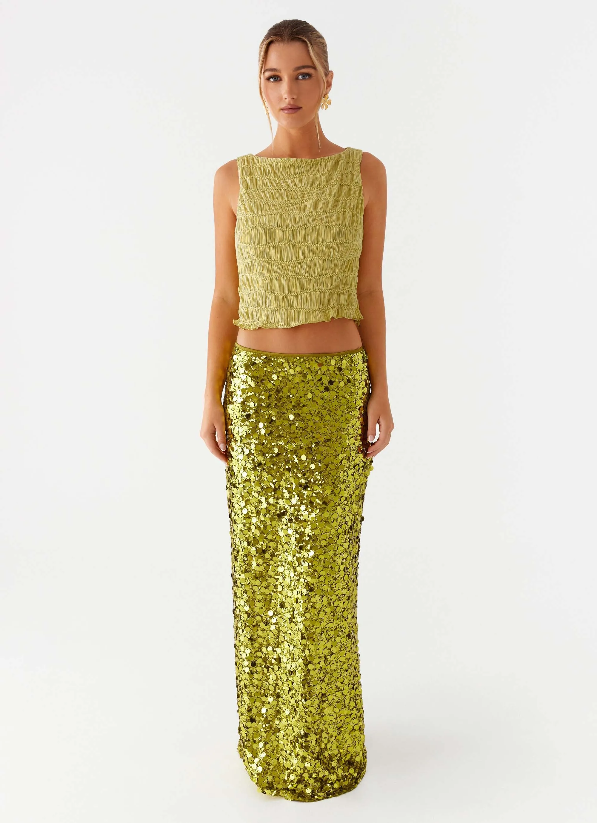 Clean Cut Perfect Places Low Rise Sequin Maxi Skirt - Olive