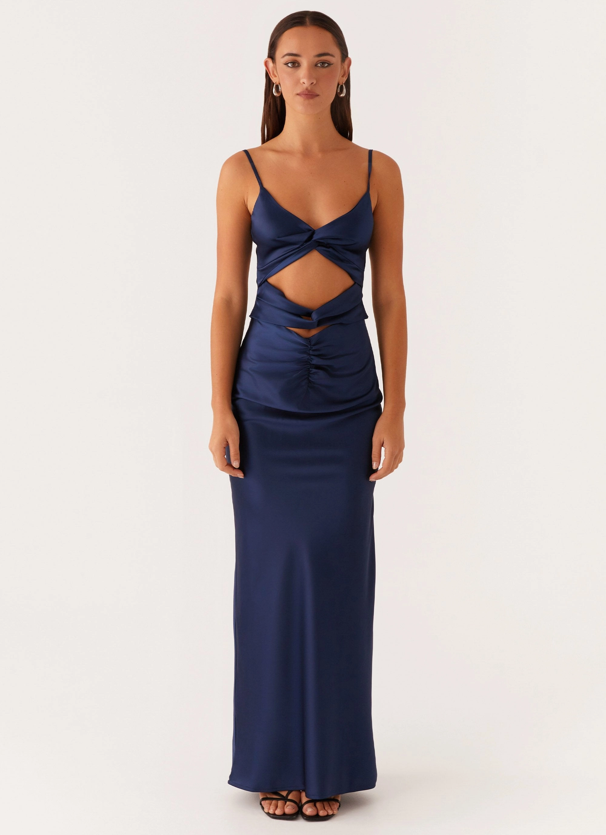Cozy Balance Texture Soft Stormie Satin Maxi Dress - Navy