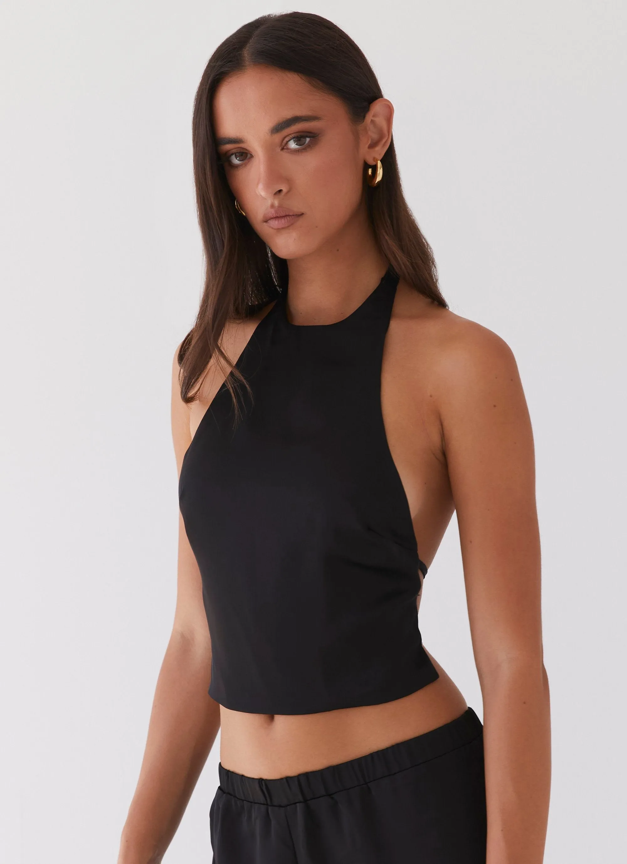Bree Satin Halterneck Top - Black Elastic Edge Binding