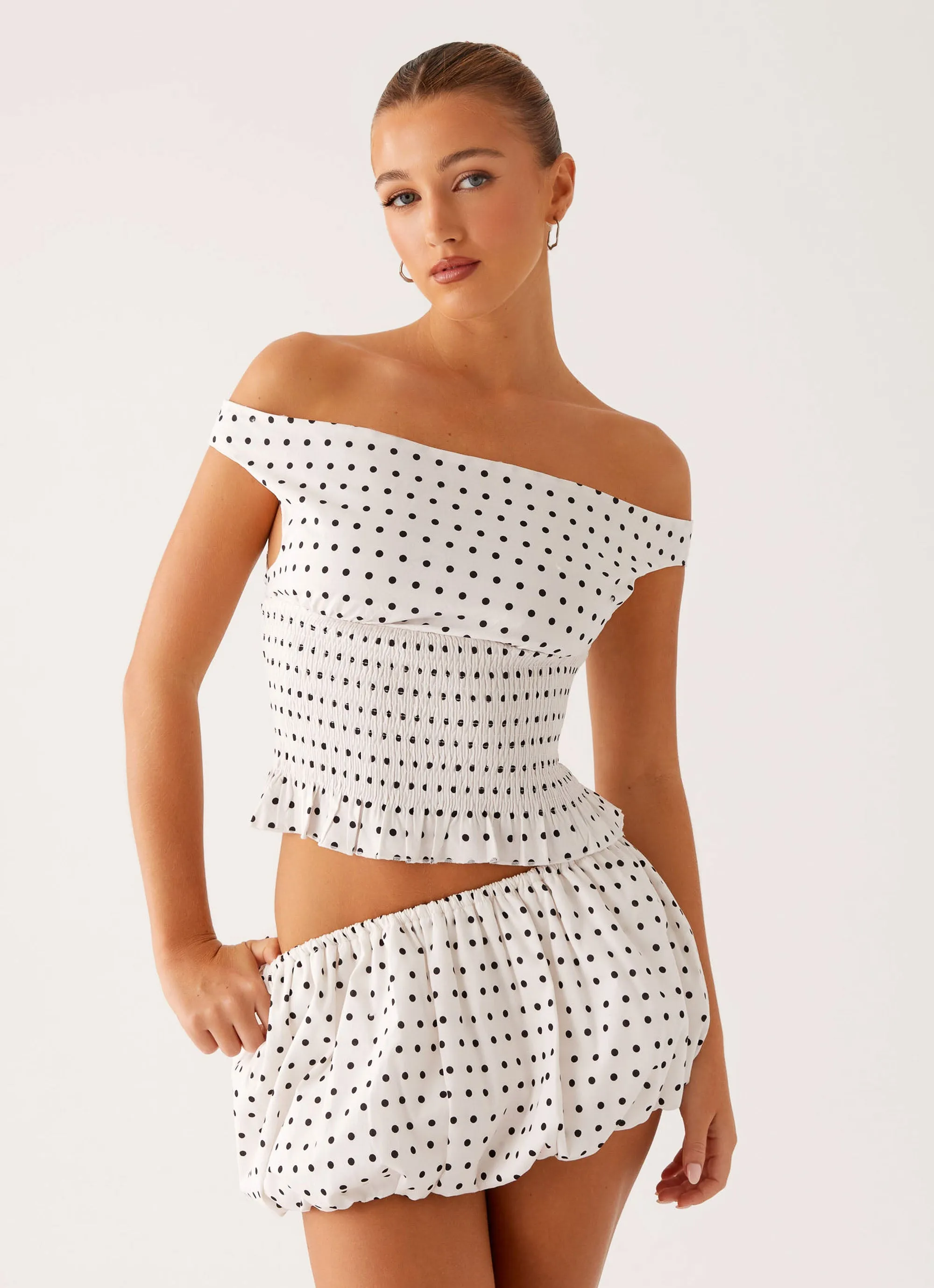 Thermal regulation LongWearingComfort Heather Off Shoulder Top - White Black Polka Dot