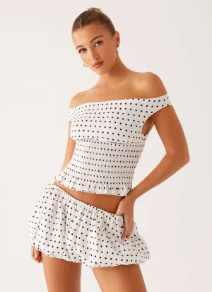AntiBacterial Coating Breathable Construction Heather Off Shoulder Top - White Black Polka Dot