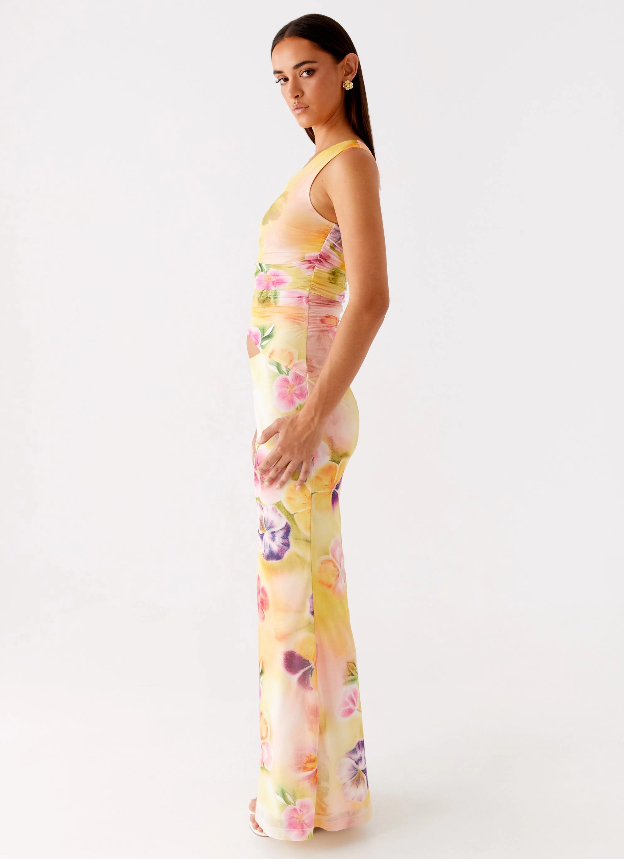 Seranella One Shoulder Maxi Dress - Sunburst Floral Soft cotton blend dress Hip-Flattering
