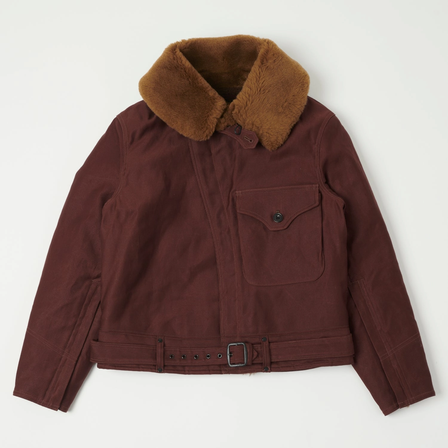 Freewheelers & Co 'Wind Master' Winter Flying Jacket - Red Brown Secure Chest Pocket Low Profile Collar Design
