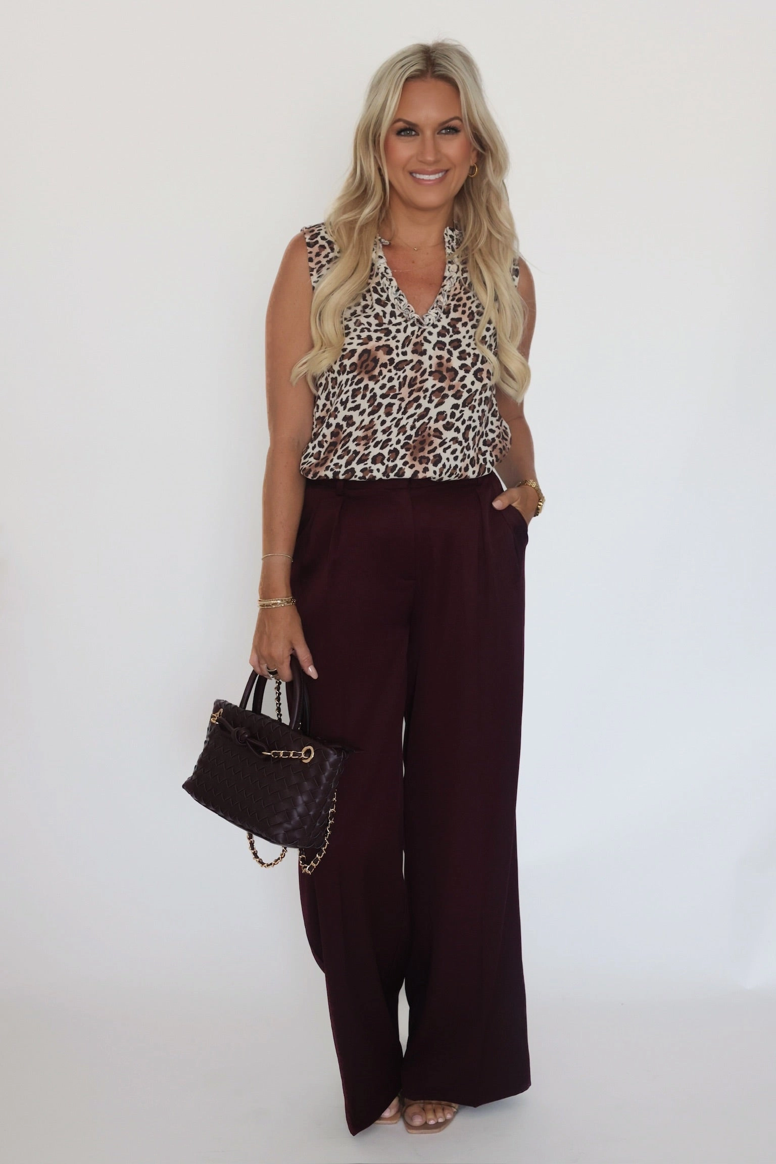 V Neck Design Lilibet Satin Pant - Red Wine