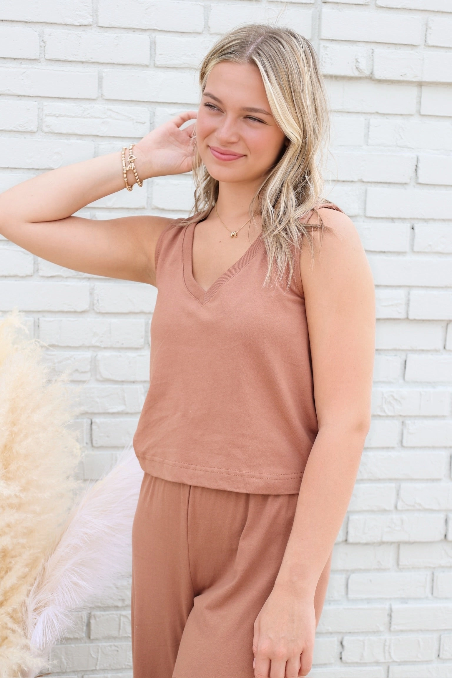 Sloane V-Neck Tank - Teakwood Contrast Topstitching Detail Flatlock Stitching Technique