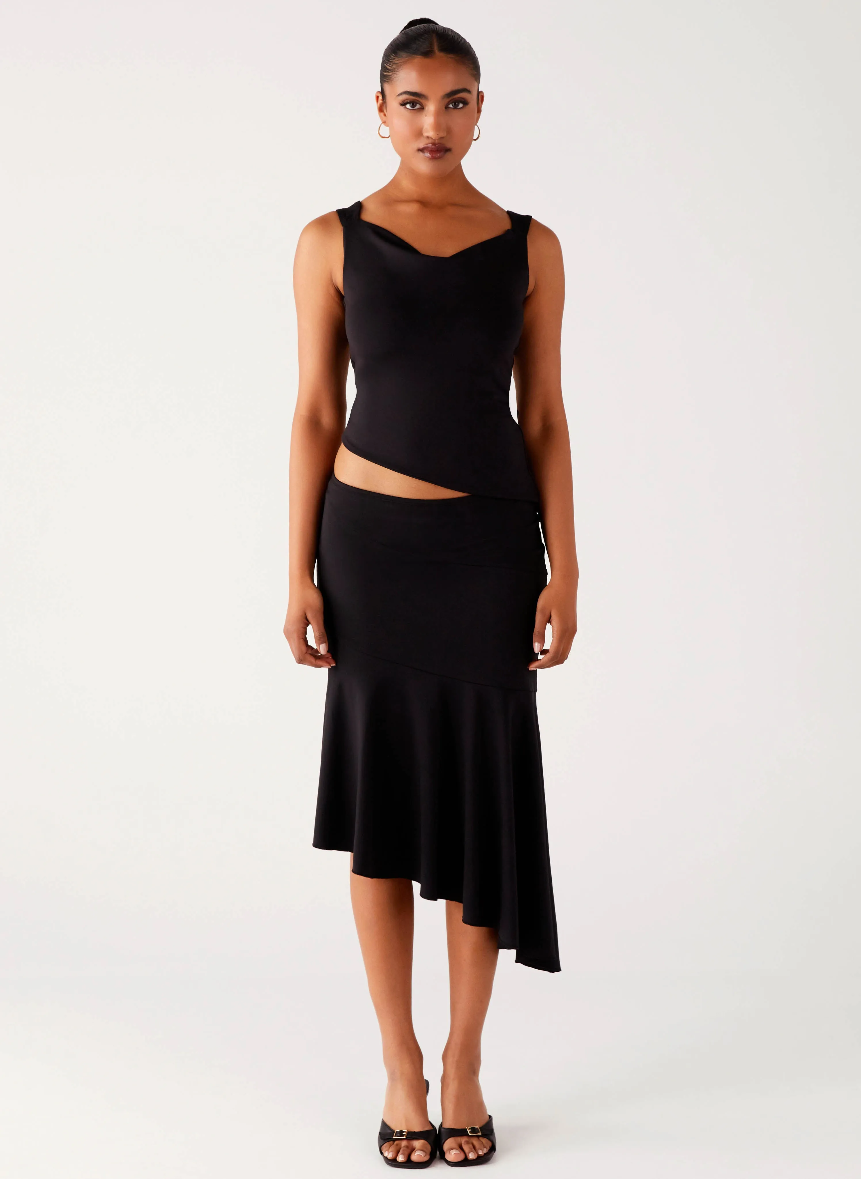 Contemporary Mood Bold Cut Wonderlust Midi Skirt - Black