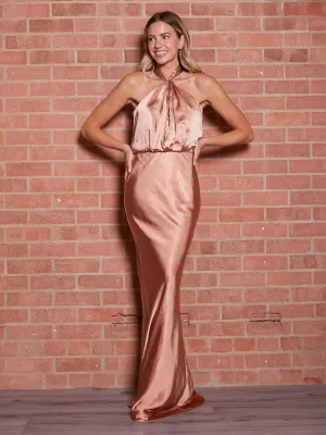 Twist Neck Satin Maxi Dress / Bronze Light Sheen Daily Comfort
