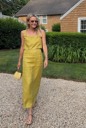 MASON'S DAUGHTER | Ella Scallop Maxi Skirt, Chartreuse Linen ReinforcedKnees