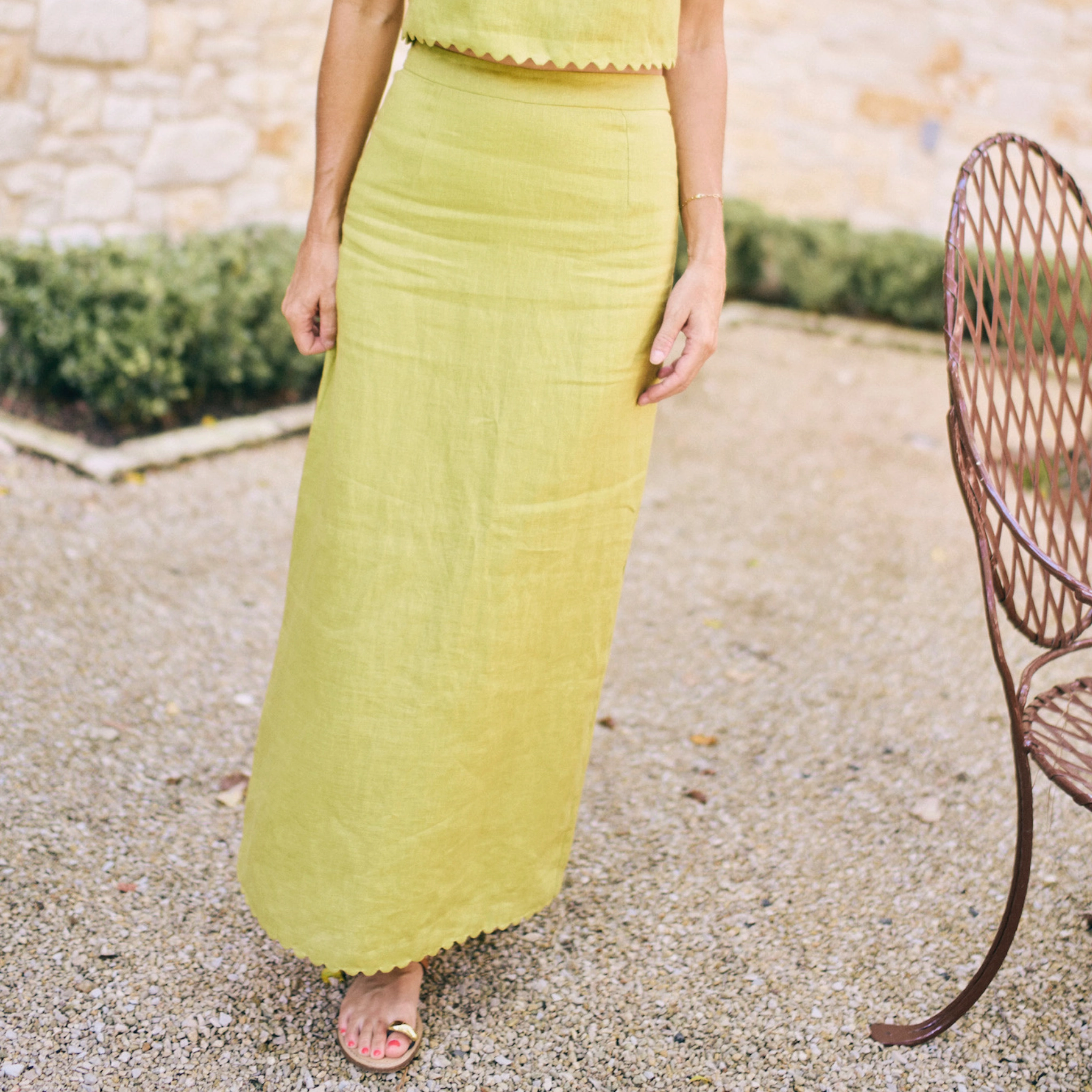 Chic Design Wear Four Way Stretch MASON'S DAUGHTER | Ella Scallop Maxi Skirt, Chartreuse Linen