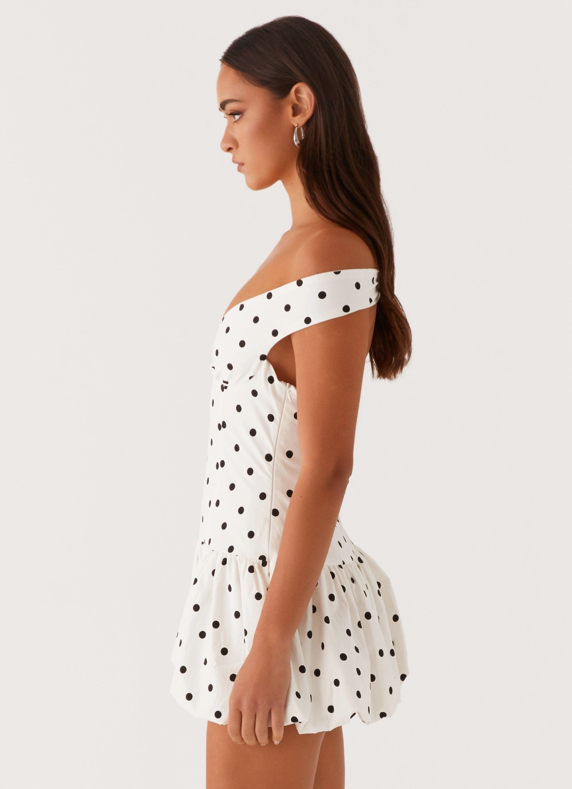 Subtle Lines Endless Romance Off Shoulder Mini Dress - White Polka Dot