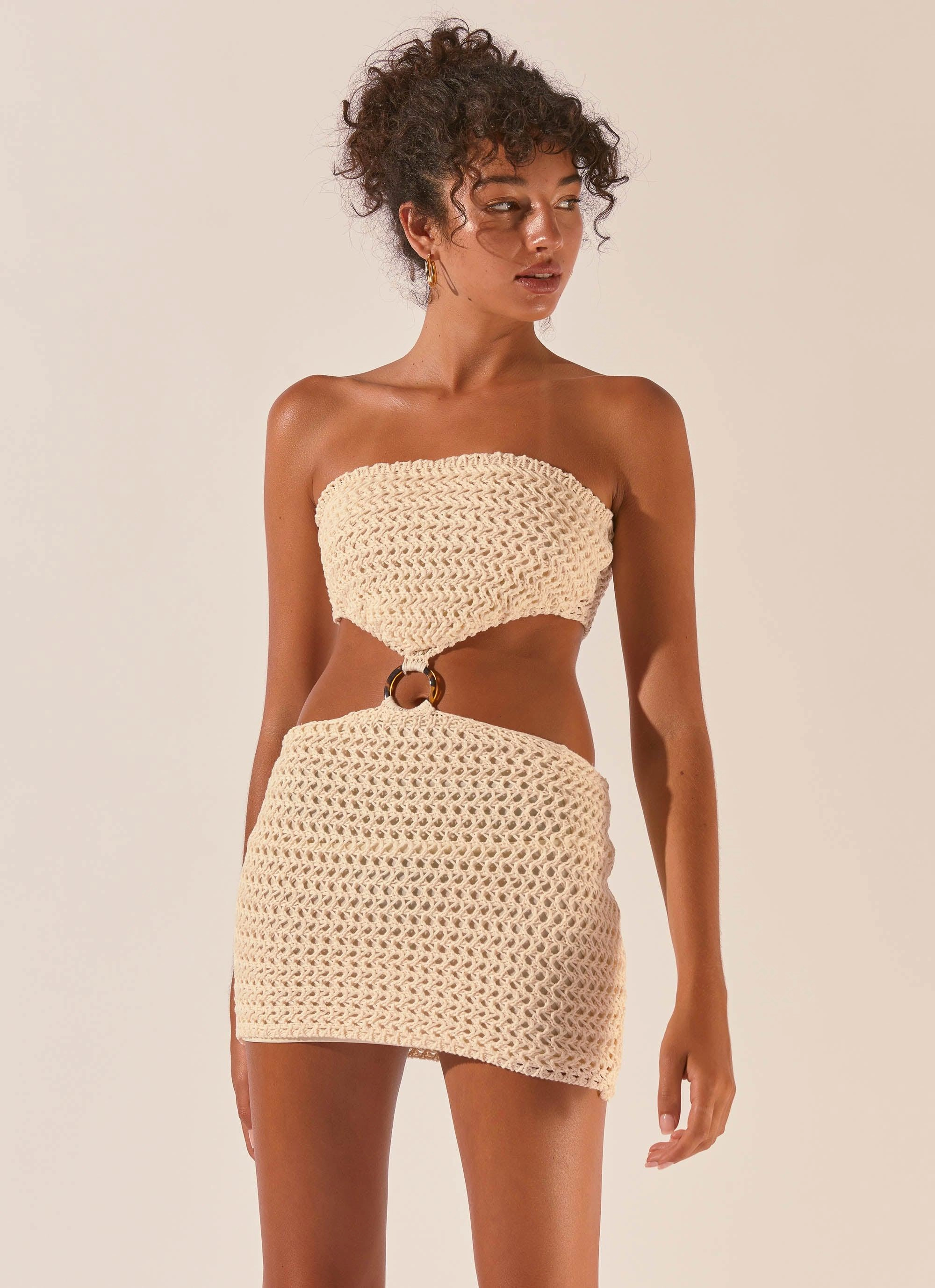 Clean Fit Balmy Nights Crochet Mini Dress - Seashell