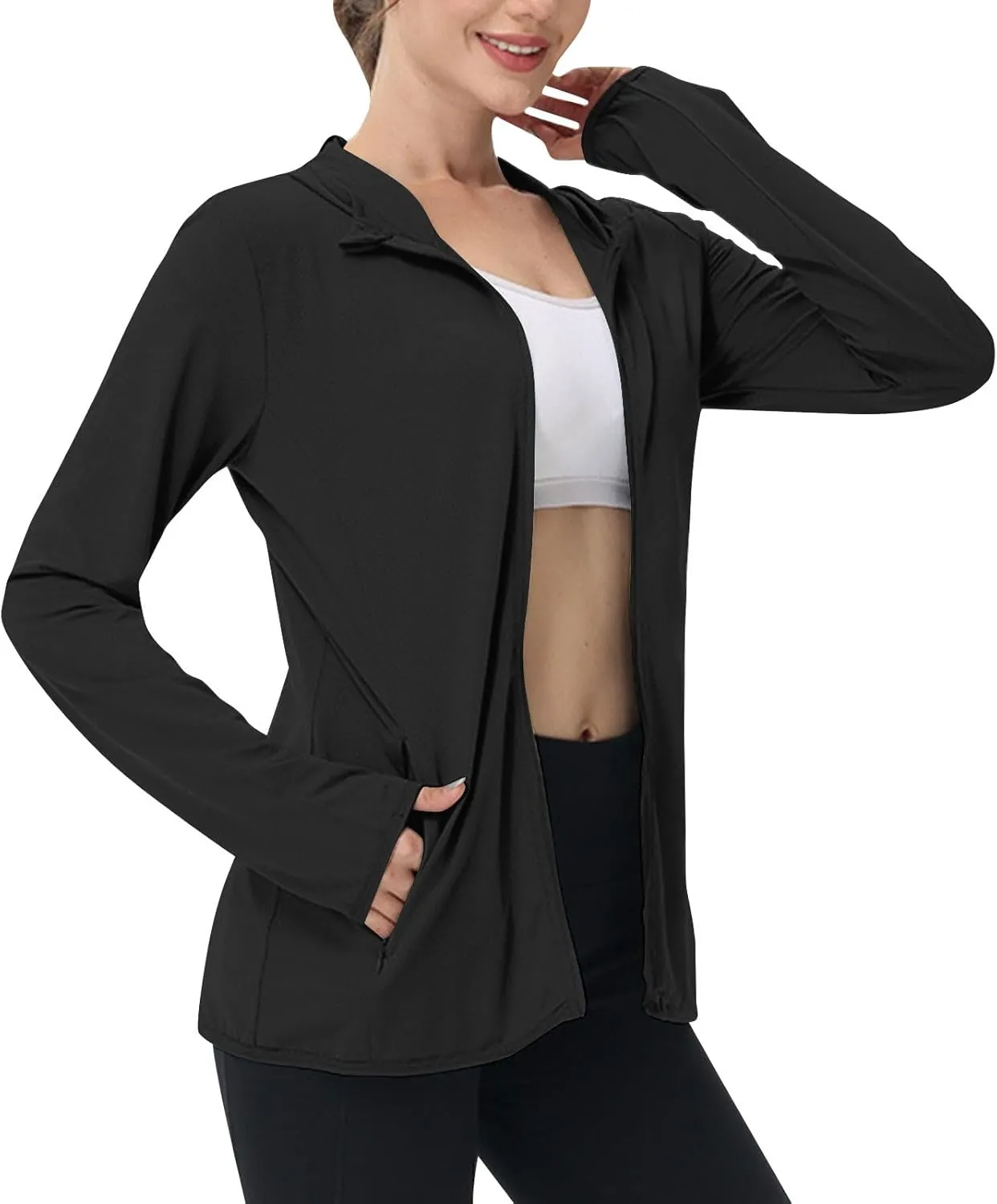 Summer Sun Protection Hooded Jackets for Women Zip Up Open Front Long Sleeve Shirt with Pockets Fishing Outdoor Tops