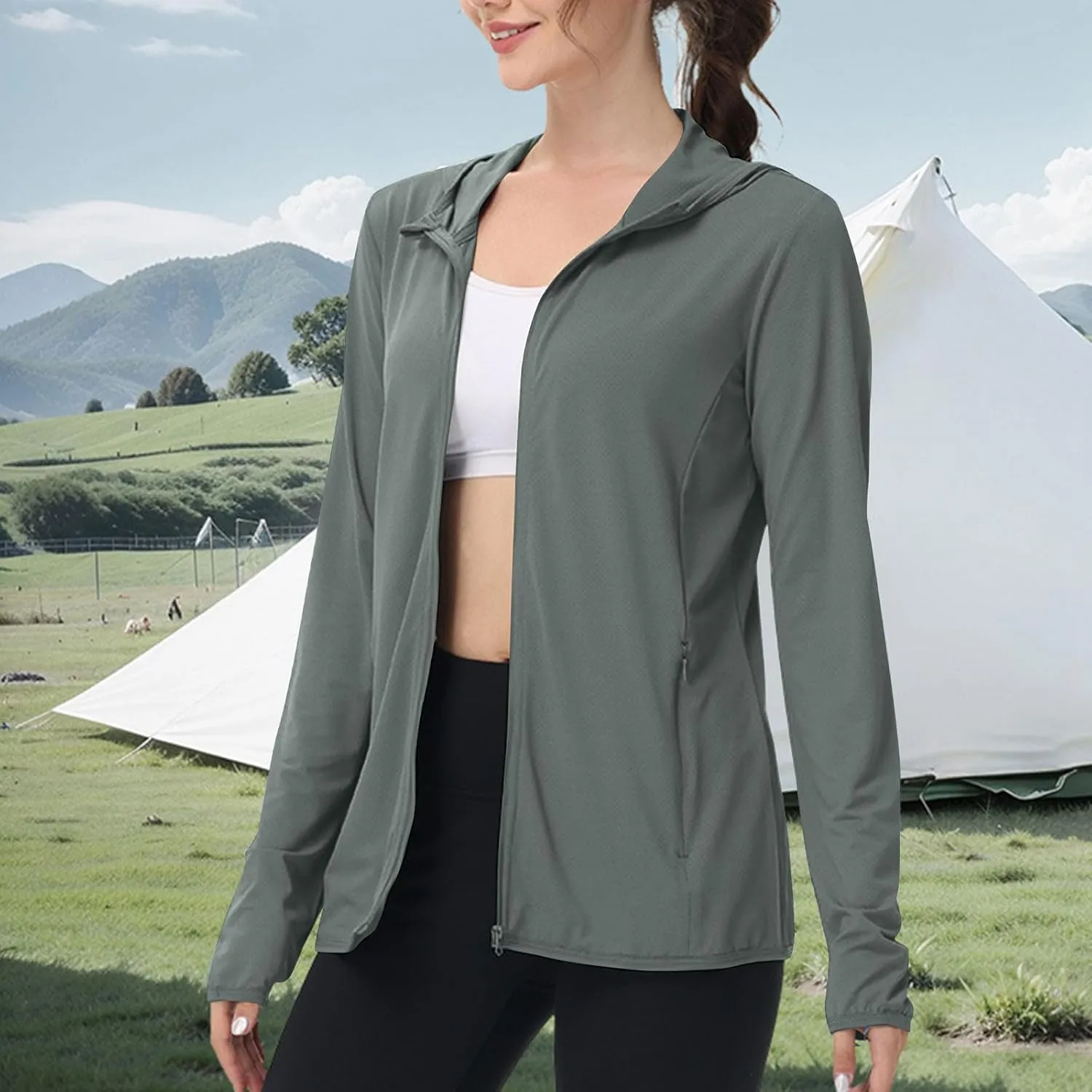 Summer Sun Protection Hooded Jackets for Women Zip Up Open Front Long Sleeve Shirt with Pockets Fishing Outdoor Tops