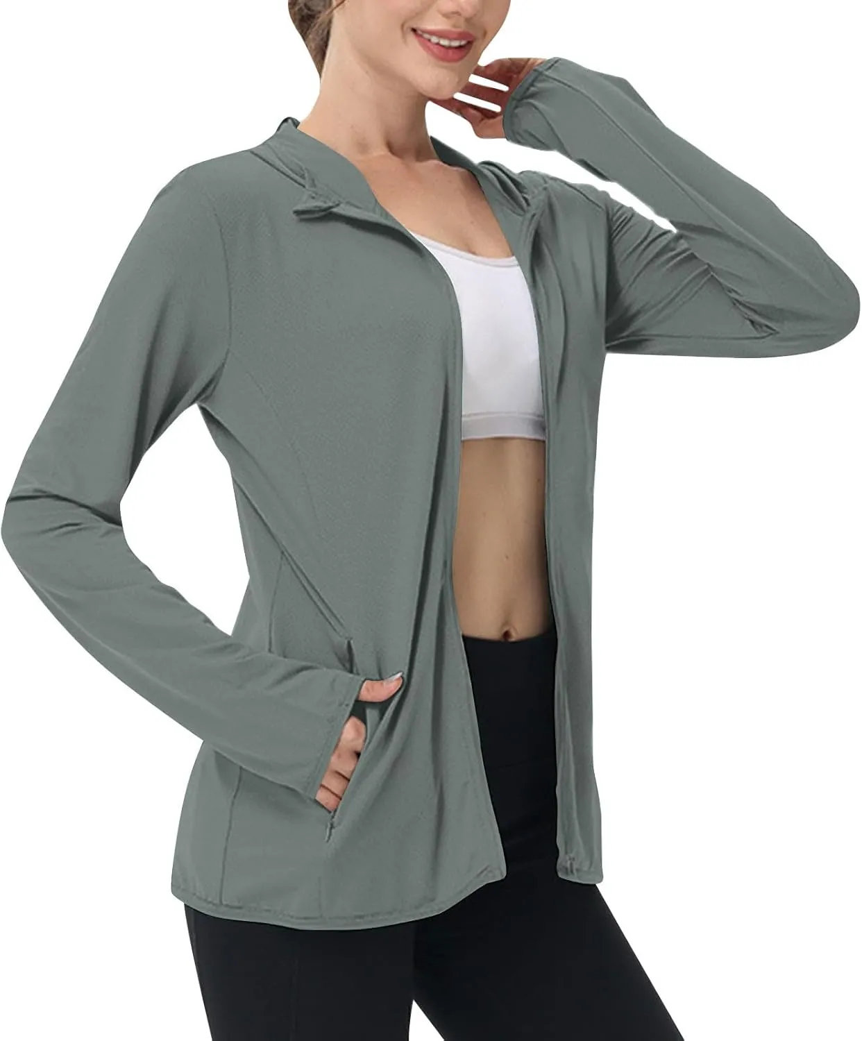 Summer Sun Protection Hooded Jackets for Women Zip Up Open Front Long Sleeve Shirt with Pockets Fishing Outdoor Tops