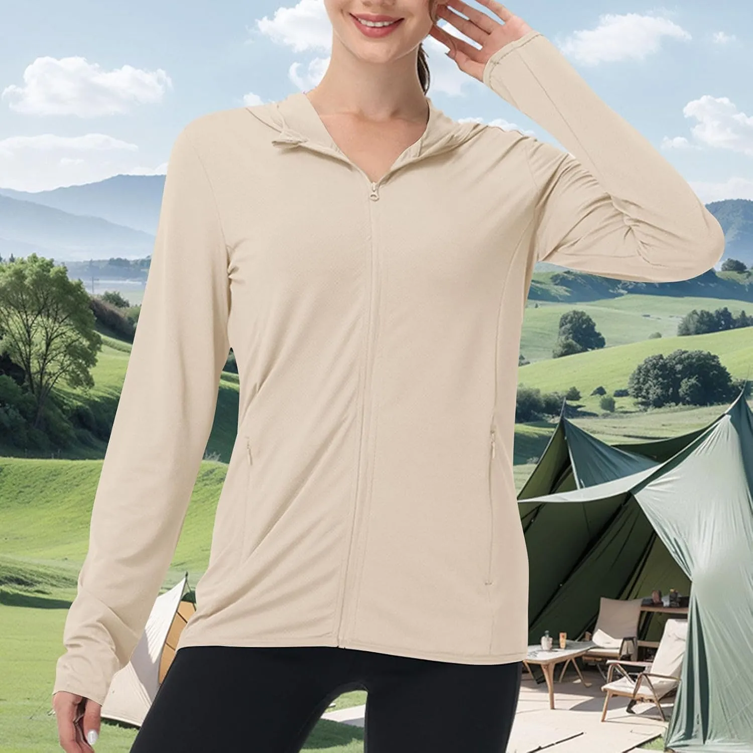 Summer Sun Protection Hooded Jackets for Women Zip Up Open Front Long Sleeve Shirt with Pockets Fishing Outdoor Tops