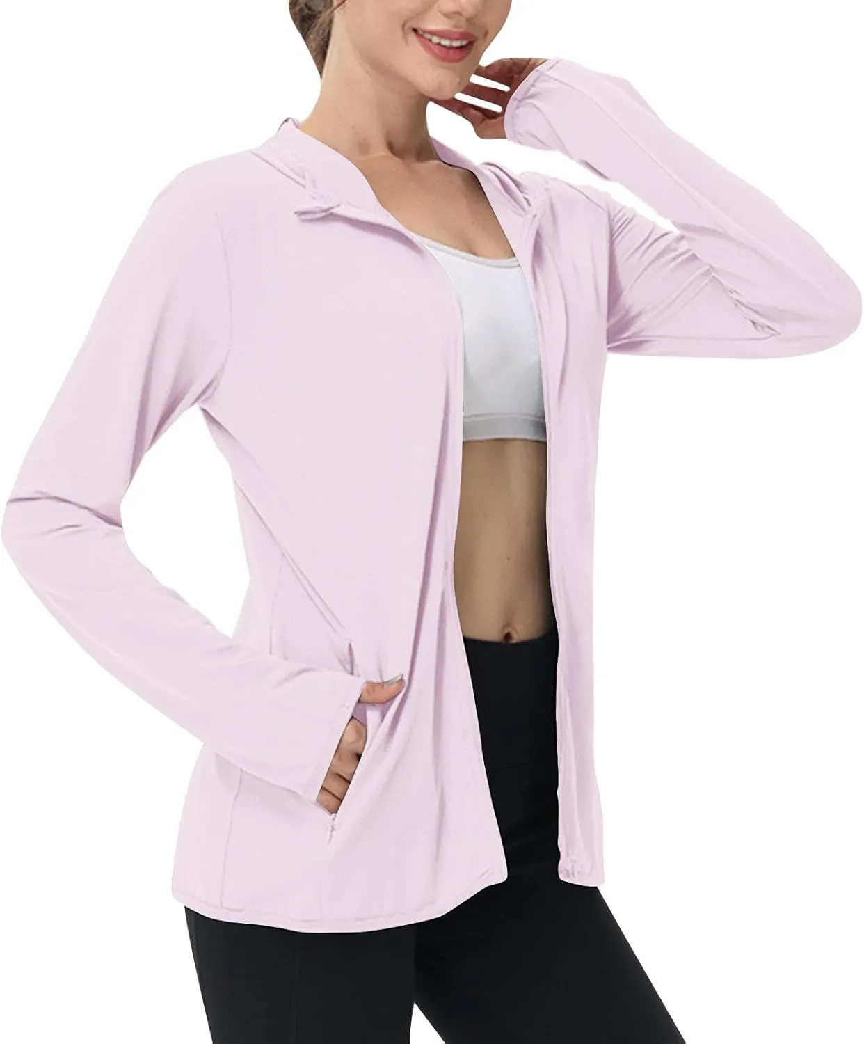 Summer Sun Protection Hooded Jackets for Women Zip Up Open Front Long Sleeve Shirt with Pockets Fishing Outdoor Tops