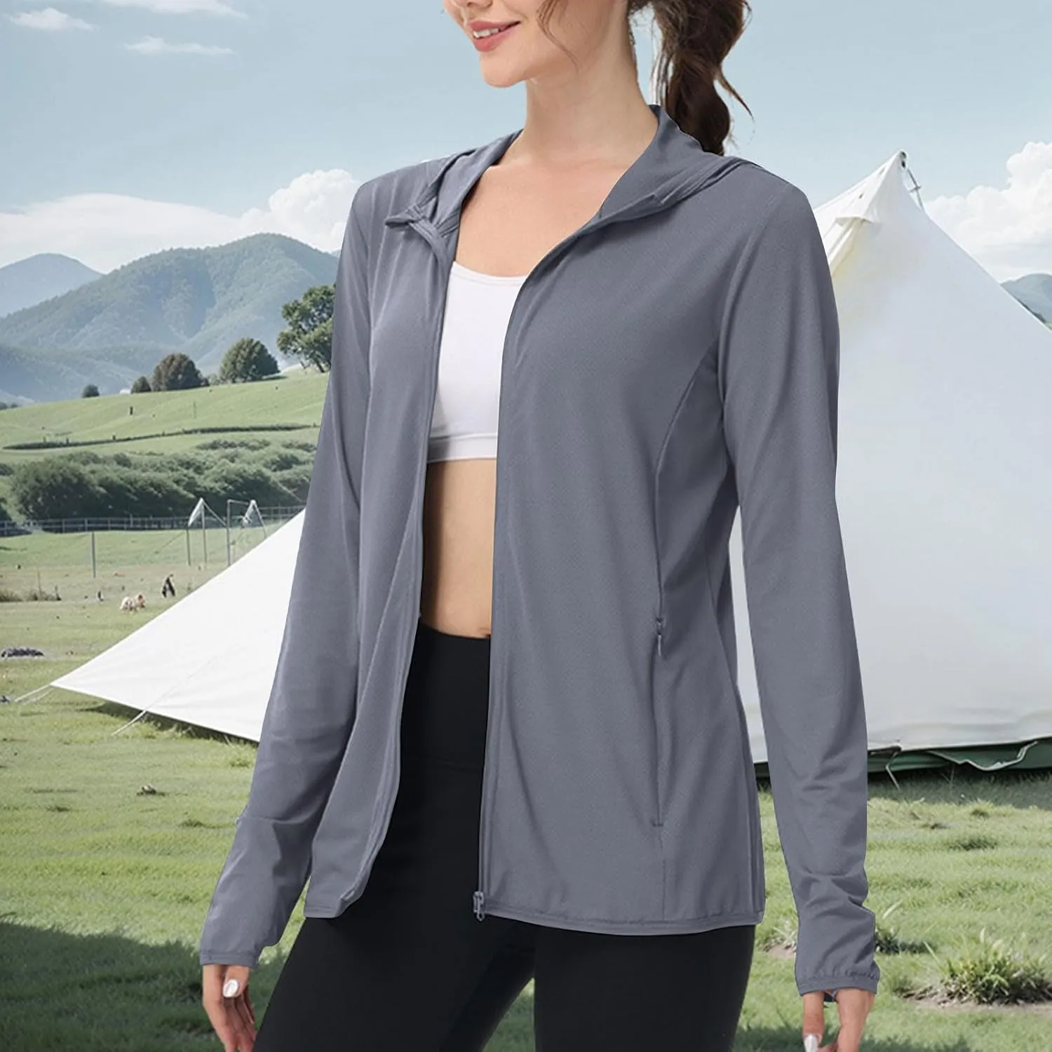 Summer Sun Protection Hooded Jackets for Women Zip Up Open Front Long Sleeve Shirt with Pockets Fishing Outdoor Tops
