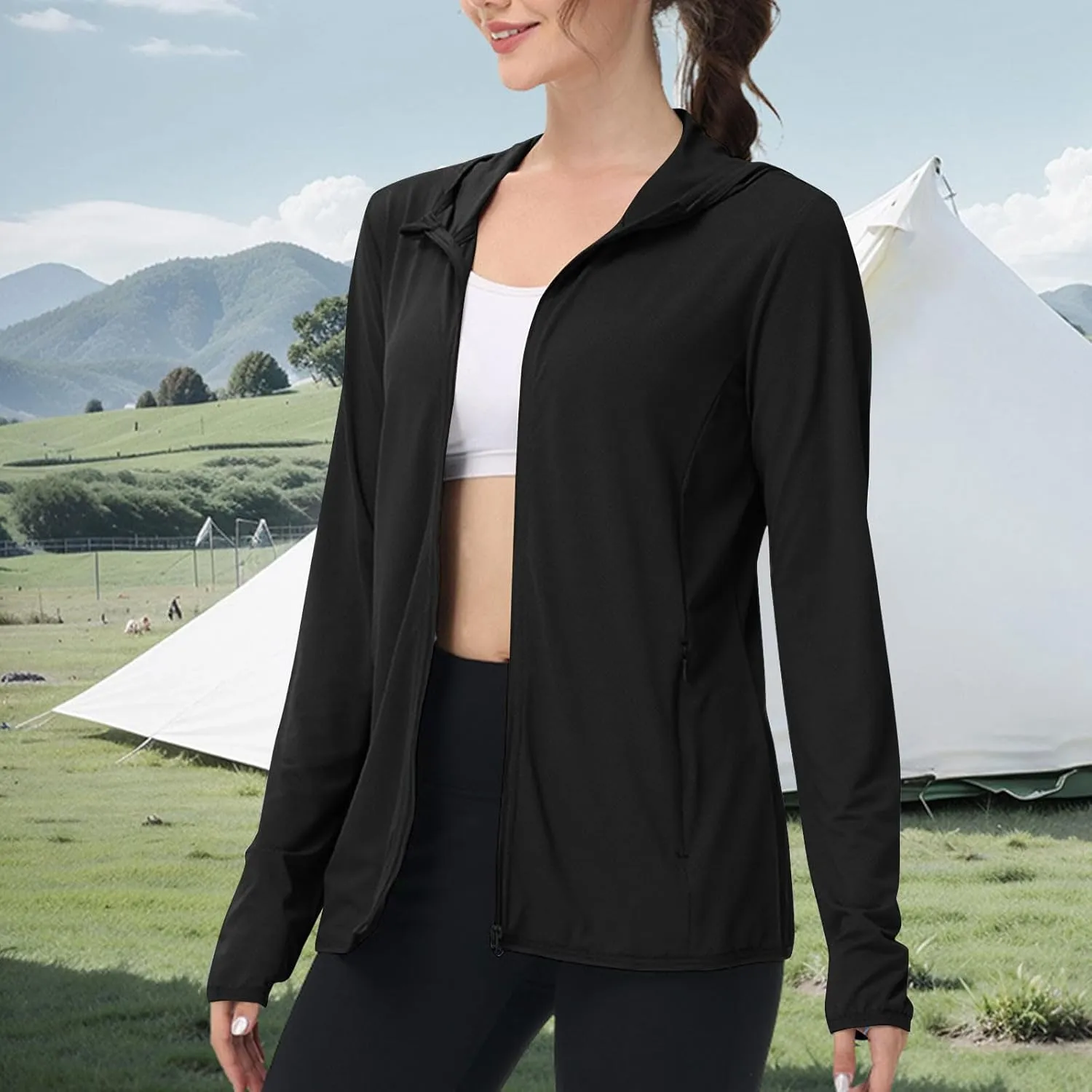 Summer Sun Protection Hooded Jackets for Women Zip Up Open Front Long Sleeve Shirt with Pockets Fishing Outdoor Tops