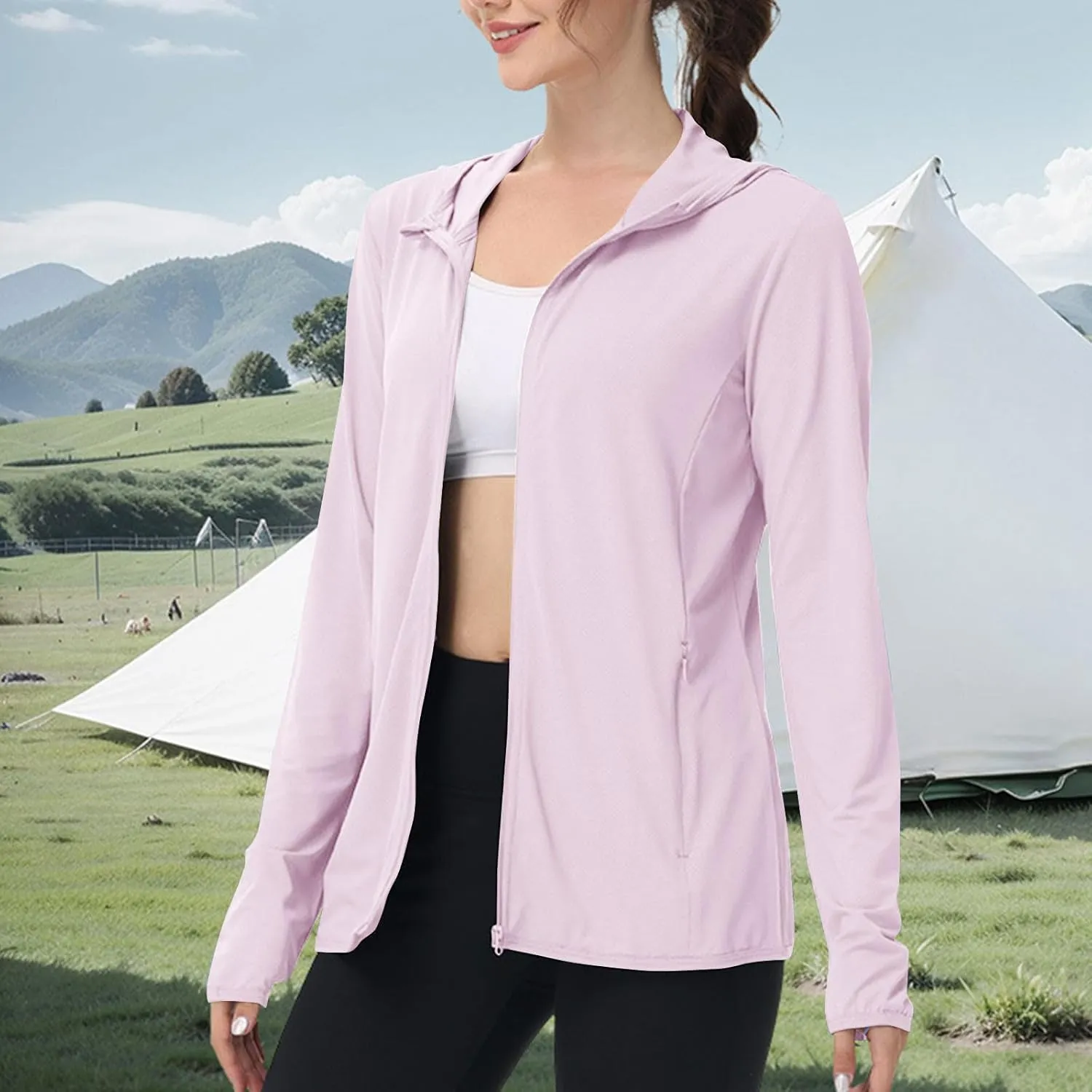 Summer Sun Protection Hooded Jackets for Women Zip Up Open Front Long Sleeve Shirt with Pockets Fishing Outdoor Tops