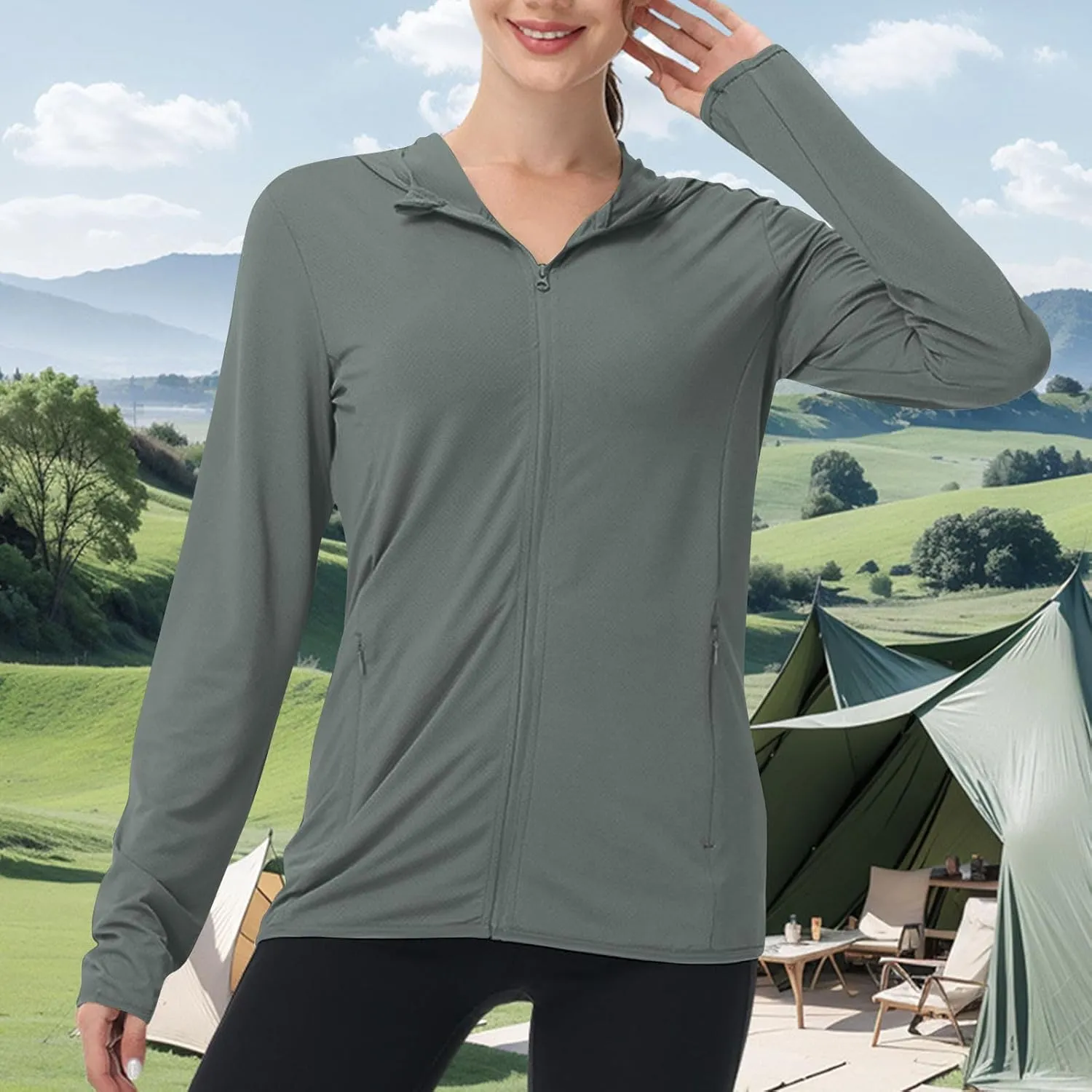 Summer Sun Protection Hooded Jackets for Women Zip Up Open Front Long Sleeve Shirt with Pockets Fishing Outdoor Tops