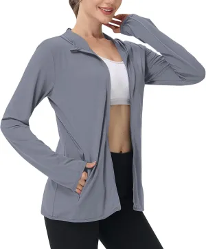 Summer Sun Protection Hooded Jackets for Women Zip Up Open Front Long Sleeve Shirt with Pockets Fishing Outdoor Tops