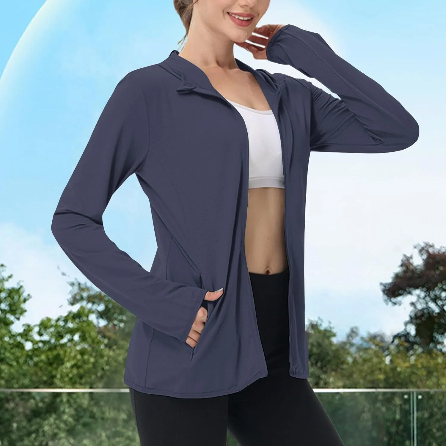 Summer Sun Protection Hooded Jackets for Women Zip Up Open Front Long Sleeve Shirt with Pockets Fishing Outdoor Tops