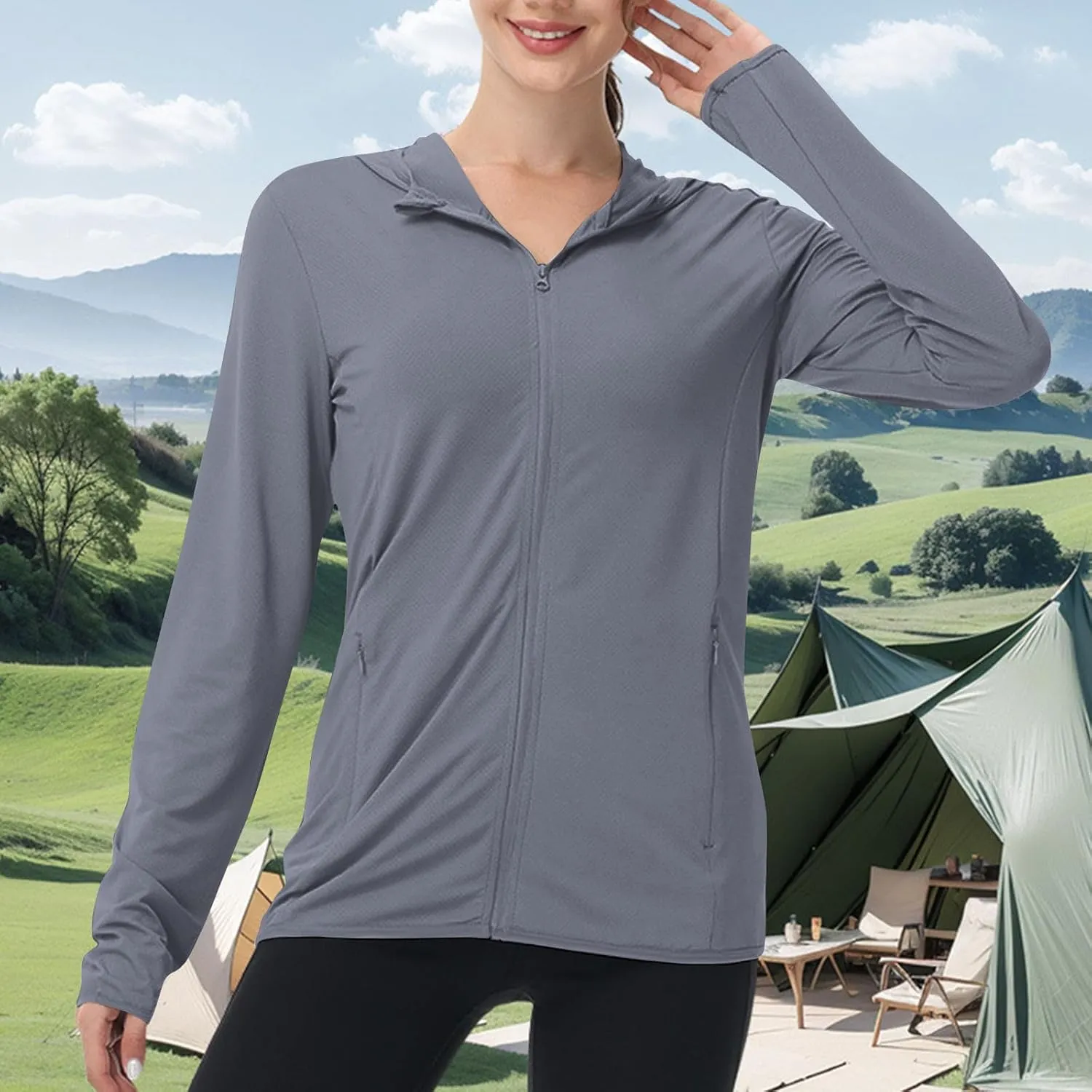 Summer Sun Protection Hooded Jackets for Women Zip Up Open Front Long Sleeve Shirt with Pockets Fishing Outdoor Tops