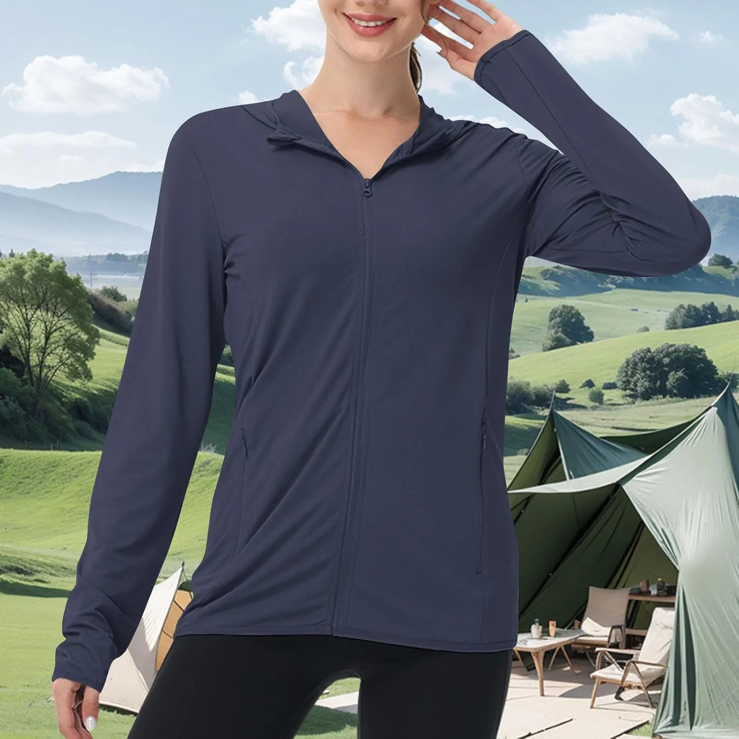 Summer Sun Protection Hooded Jackets for Women Zip Up Open Front Long Sleeve Shirt with Pockets Fishing Outdoor Tops
