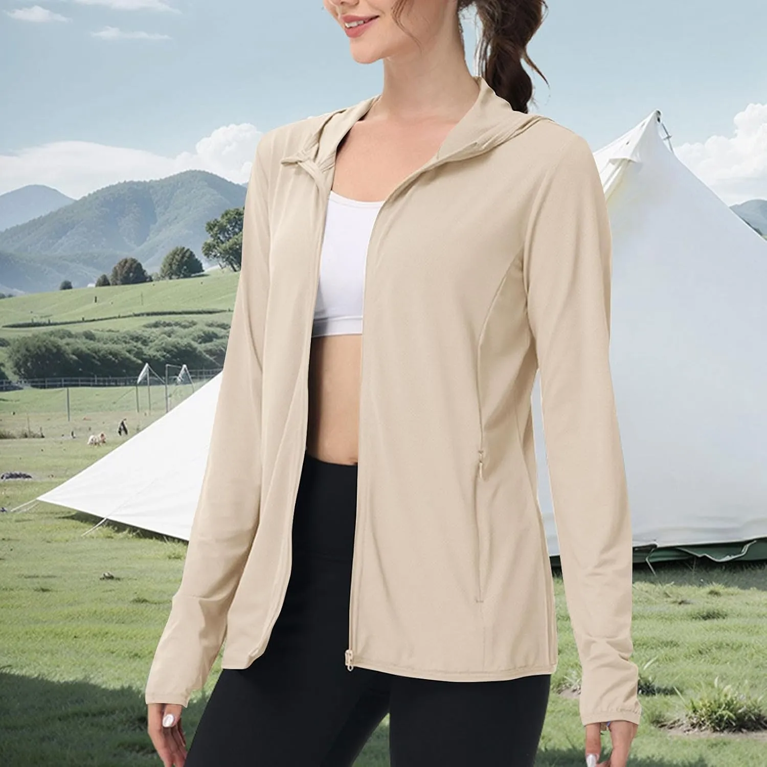 Summer Sun Protection Hooded Jackets for Women Zip Up Open Front Long Sleeve Shirt with Pockets Fishing Outdoor Tops