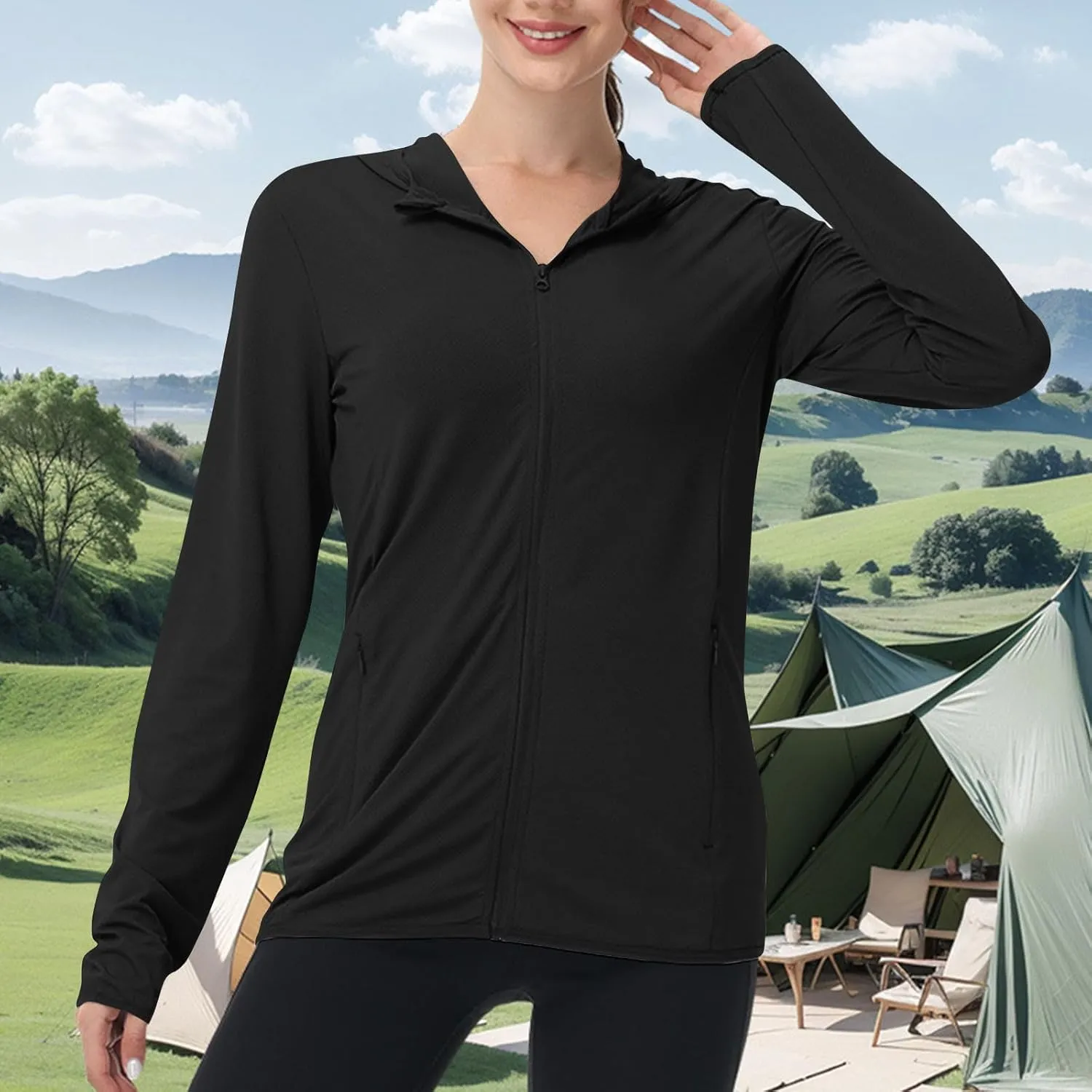 Summer Sun Protection Hooded Jackets for Women Zip Up Open Front Long Sleeve Shirt with Pockets Fishing Outdoor Tops