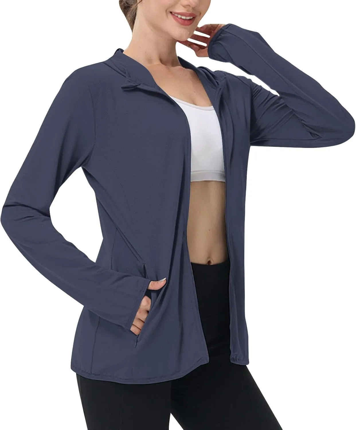 Summer Sun Protection Hooded Jackets for Women Zip Up Open Front Long Sleeve Shirt with Pockets Fishing Outdoor Tops