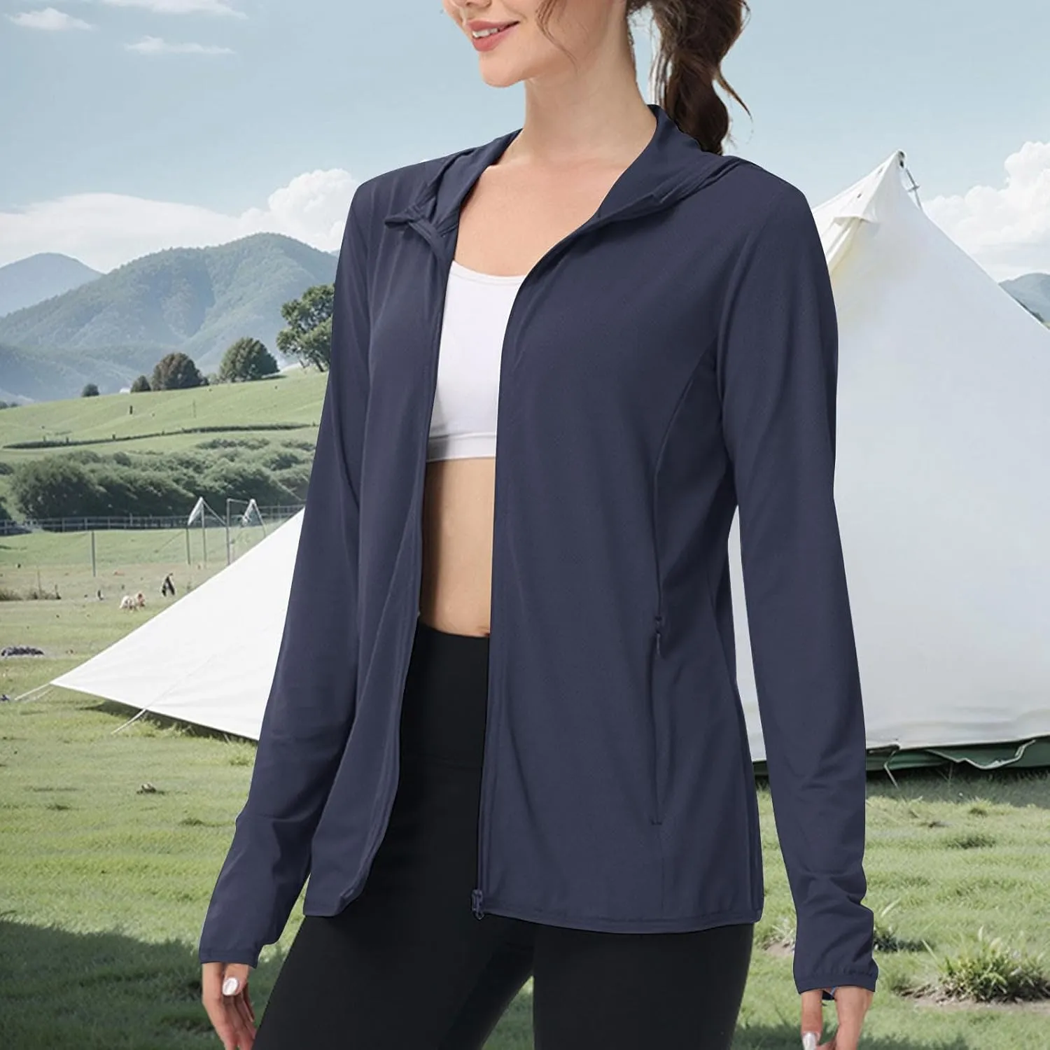 Summer Sun Protection Hooded Jackets for Women Zip Up Open Front Long Sleeve Shirt with Pockets Fishing Outdoor Tops