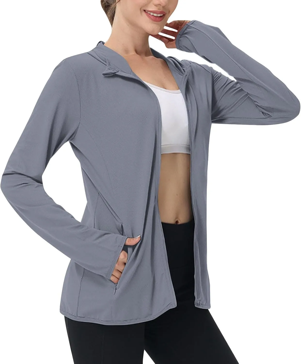 Summer Sun Protection Hooded Jackets for Women Zip Up Open Front Long Sleeve Shirt with Pockets Fishing Outdoor Tops