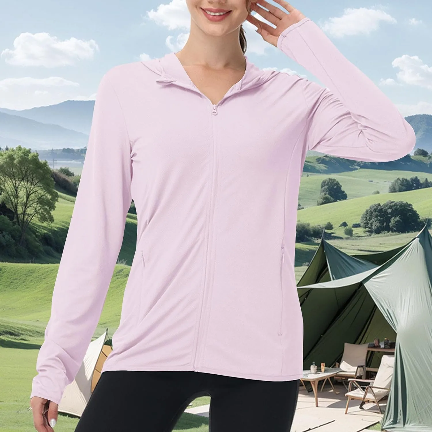 Summer Sun Protection Hooded Jackets for Women Zip Up Open Front Long Sleeve Shirt with Pockets Fishing Outdoor Tops