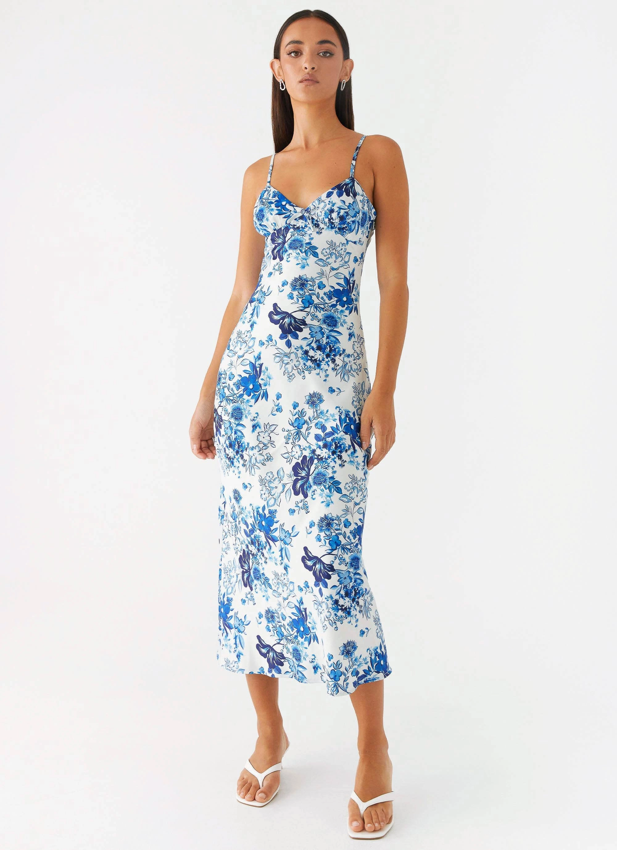 Side Ruching Refined Cut Take Chances Midi Dress - Serene Sky Floral