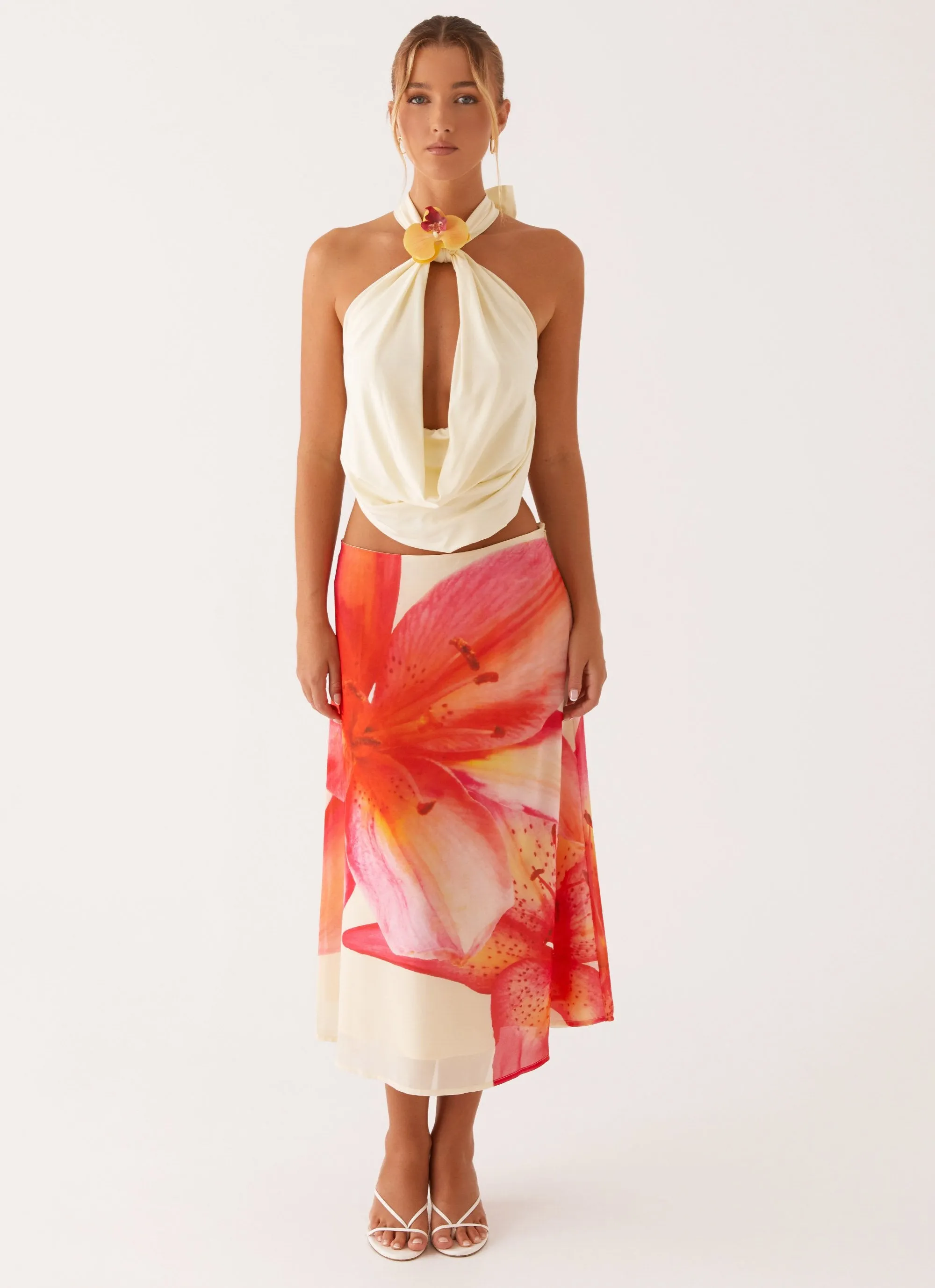 Active Wear Tropical theme Summertime Midi Skirt - Yellow Floral