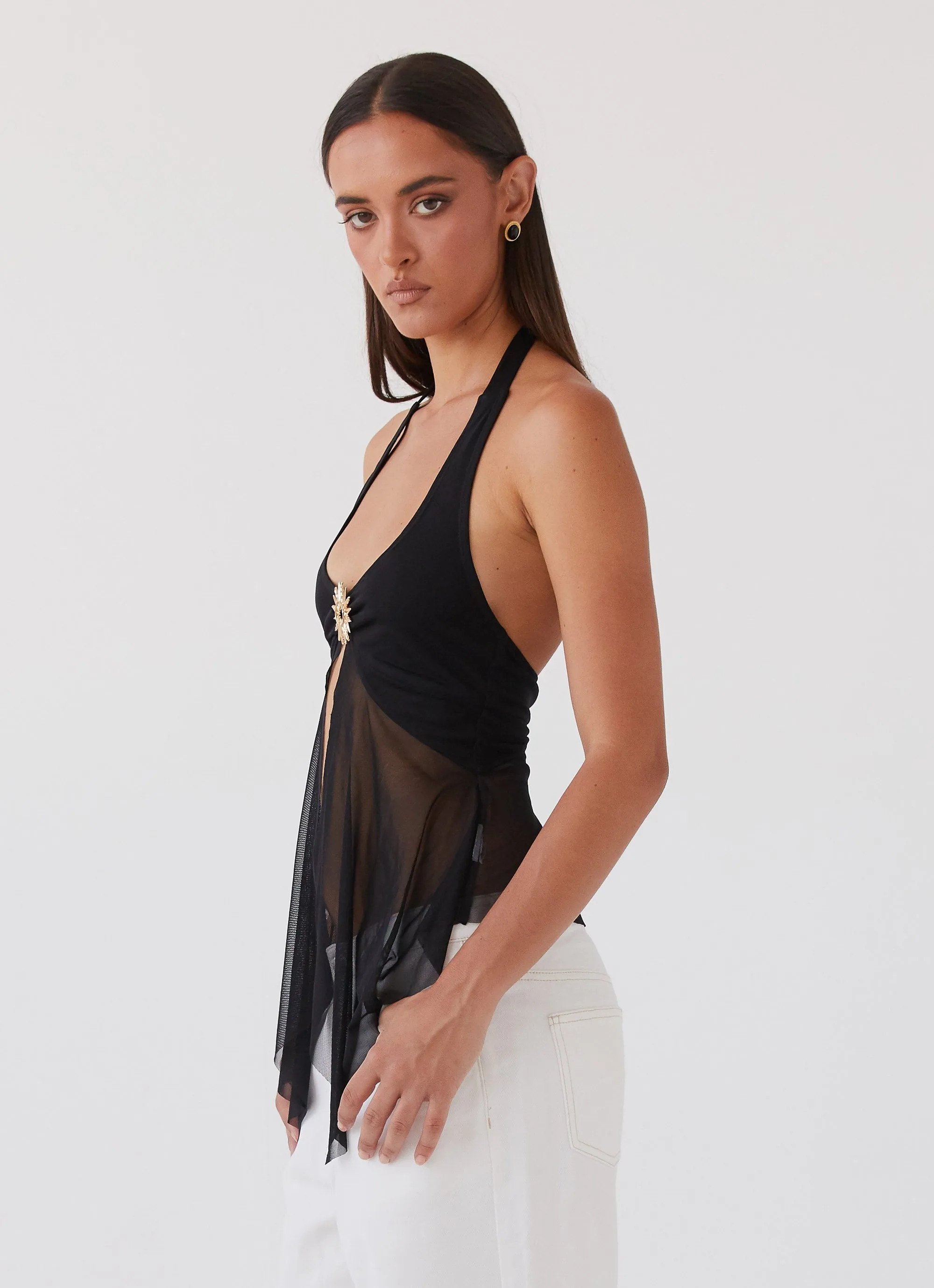 Sleeveless Tee Yarn Dyed Fabric Sunbeam Mesh Top - Black