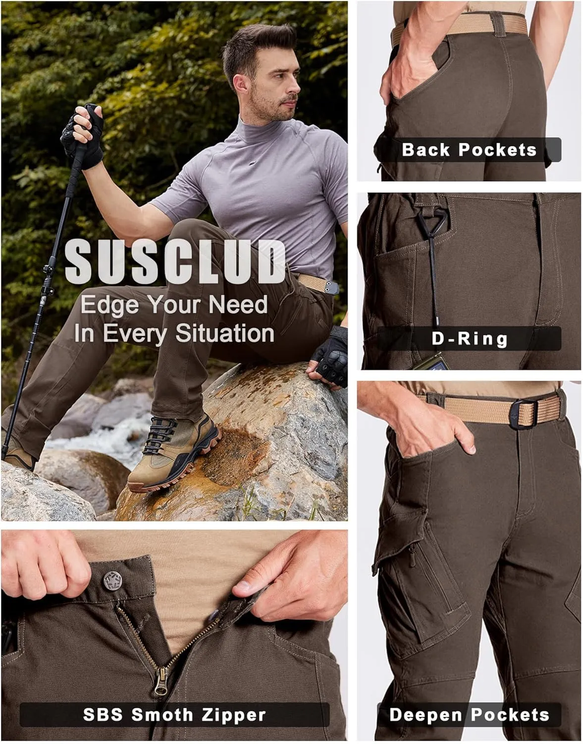 Susclude Men's Outdoor Cargo Work Trousers Military Tactical Pants Ripstop Assault Combat Trousers Hiking Pants Men
