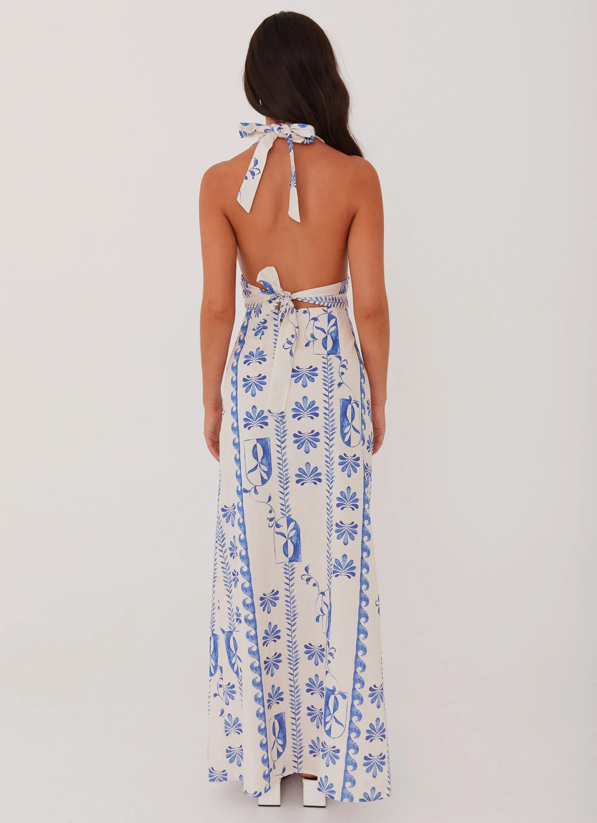 Smooth Texture Sky Linen Maxi Dress - Floral Wave