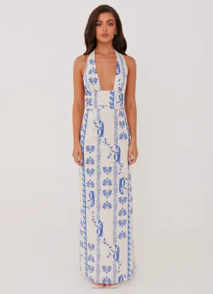 Sky Linen Maxi Dress - Floral Wave Timeless Piece