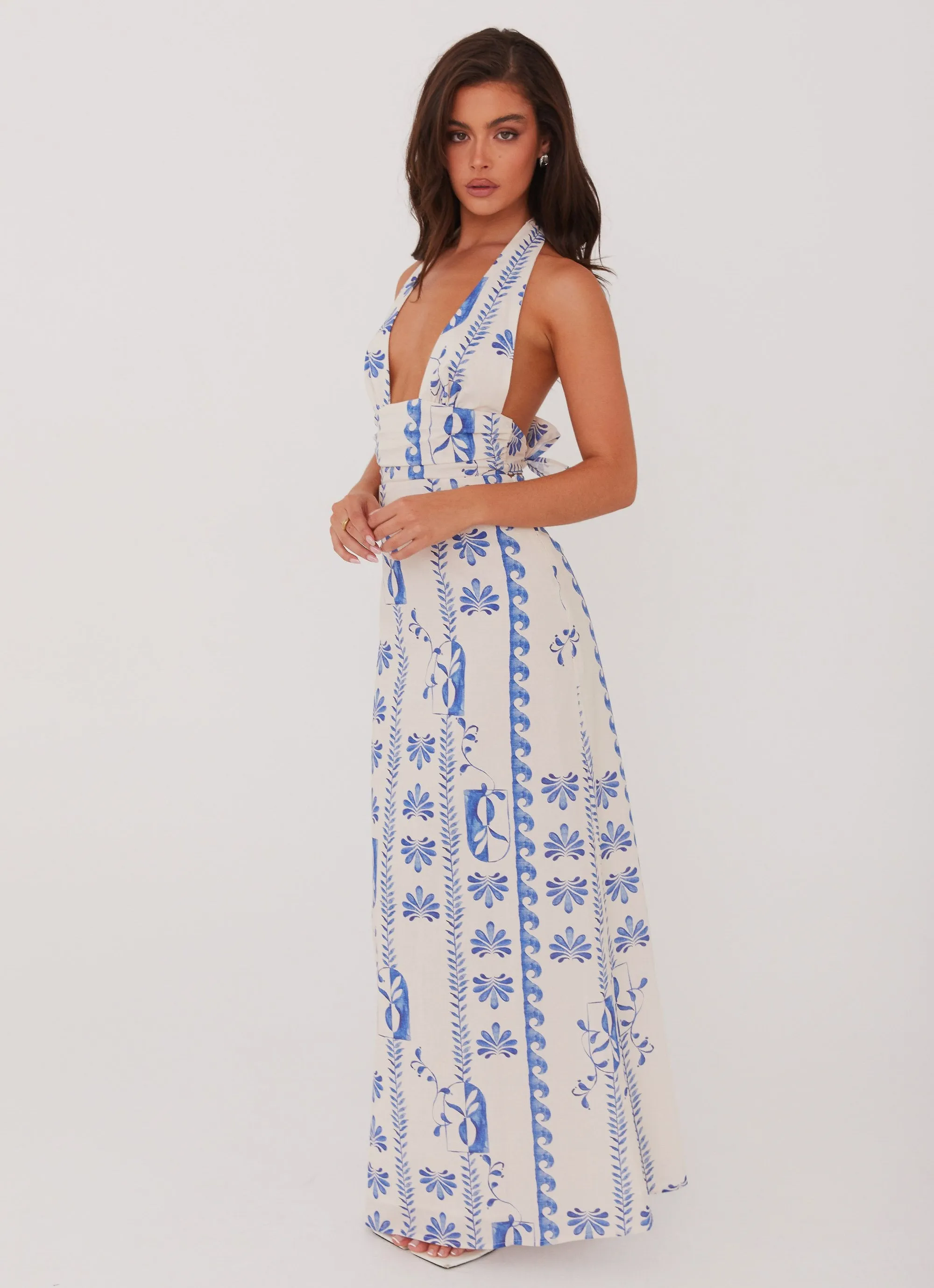 Seasonal Comfort Wrinkle-Free Sky Linen Maxi Dress - Floral Wave