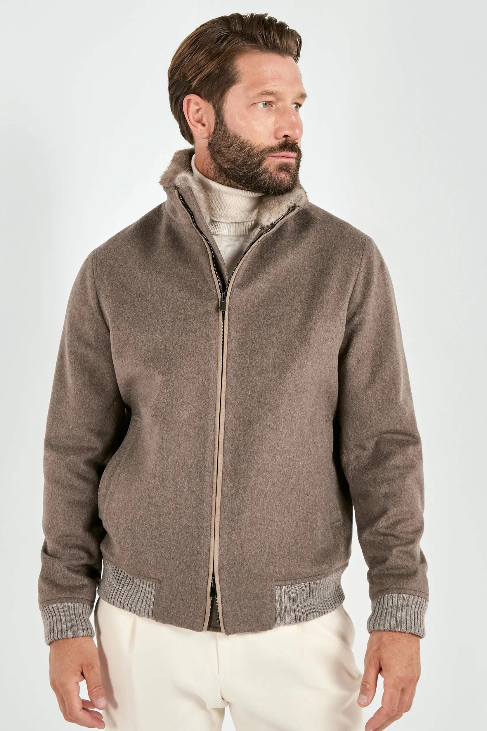 Taupe bomber with removable mink collar ?C Made in Italy Softshell Construction Oversized Silhouette