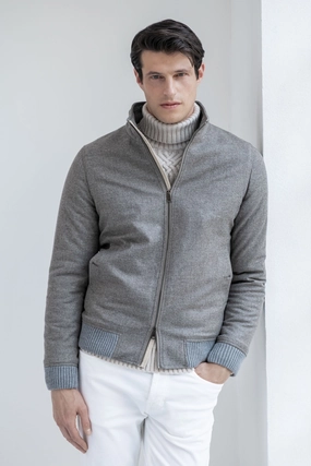 Taupe down bomber in wool & cashmere ?C Made in Italy Elegant Styling OdorControlTreatment