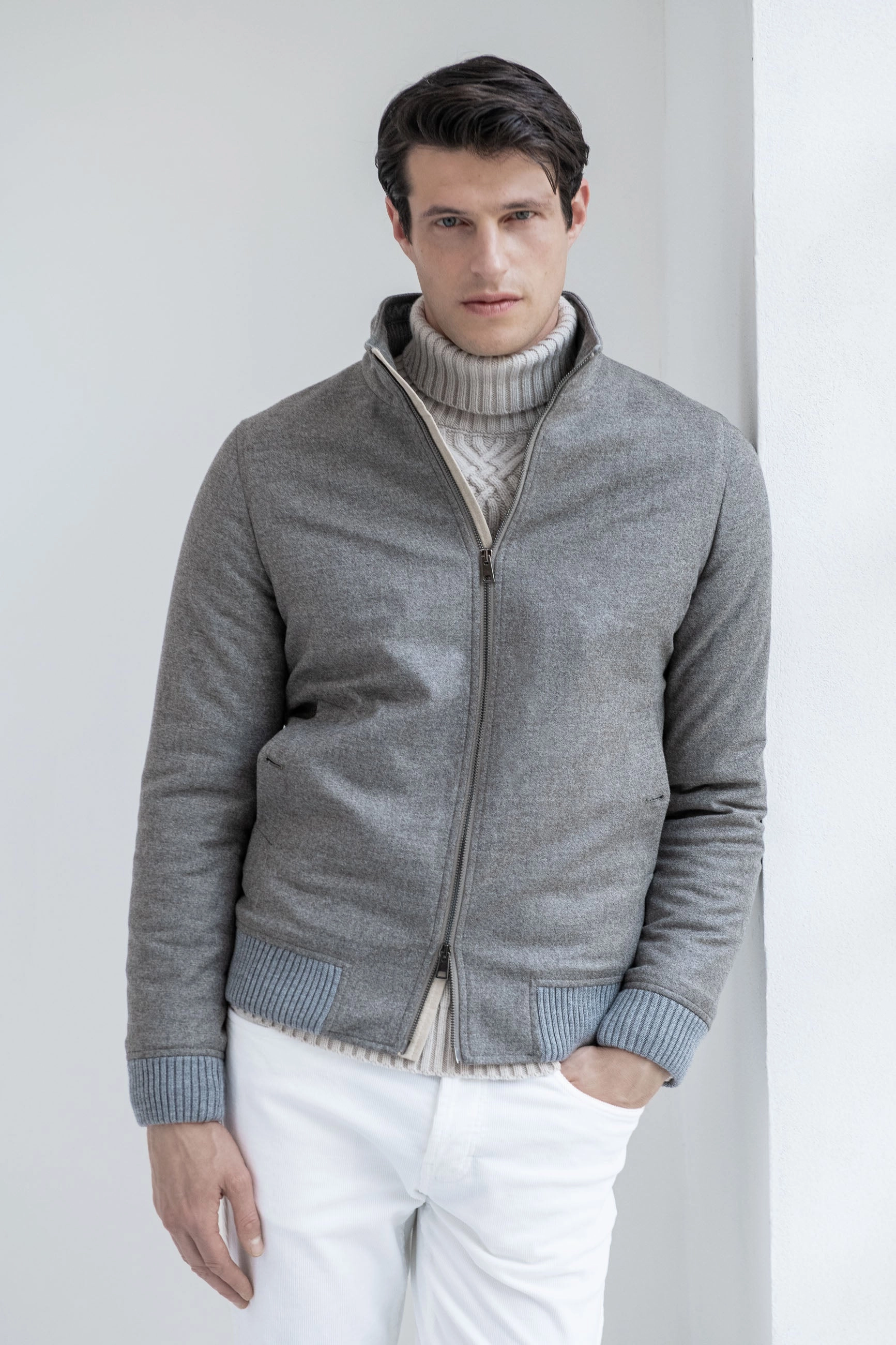 Taupe down bomber in wool & cashmere ?C Made in Italy Elegant Styling OdorControlTreatment