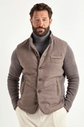 Ergonomic Armhole Cut Taupe flannel and knit hooded jacket - Made in Italy