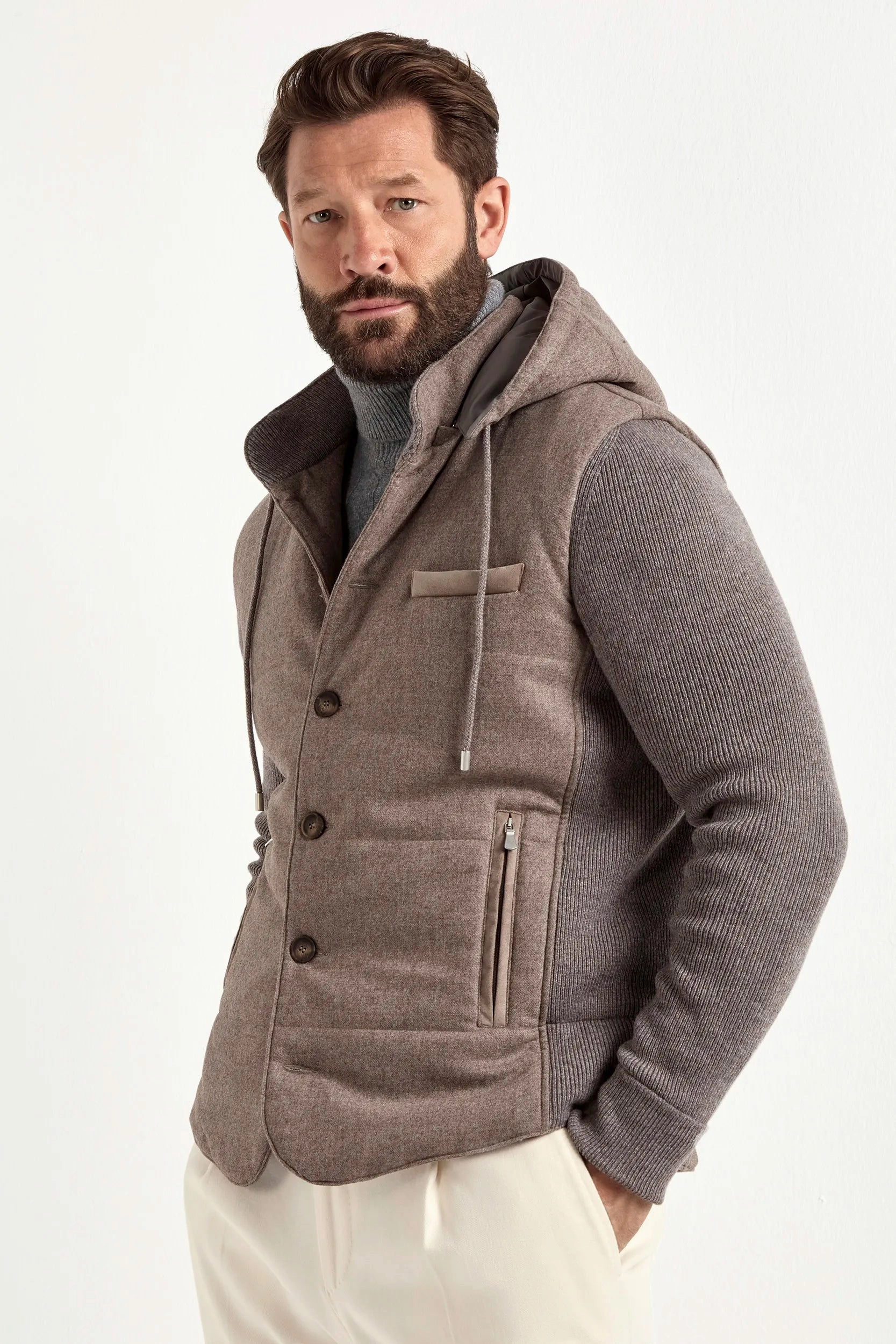 Logo Free Style Taupe flannel and knit hooded jacket - Made in Italy