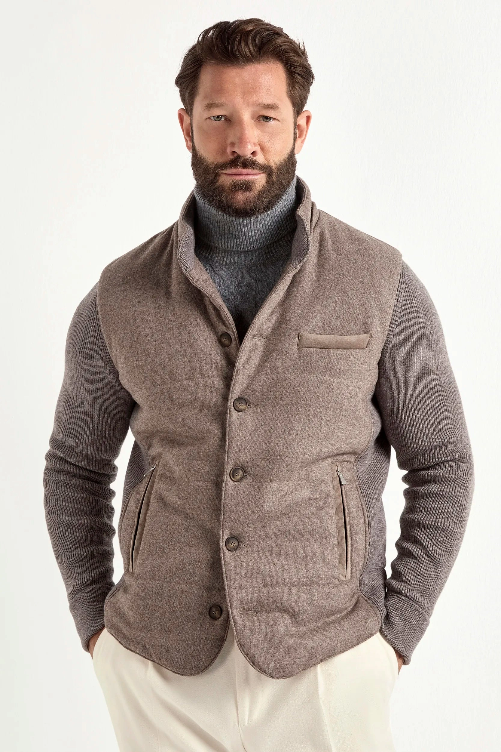 Ergonomic Armhole Cut Taupe flannel and knit hooded jacket - Made in Italy