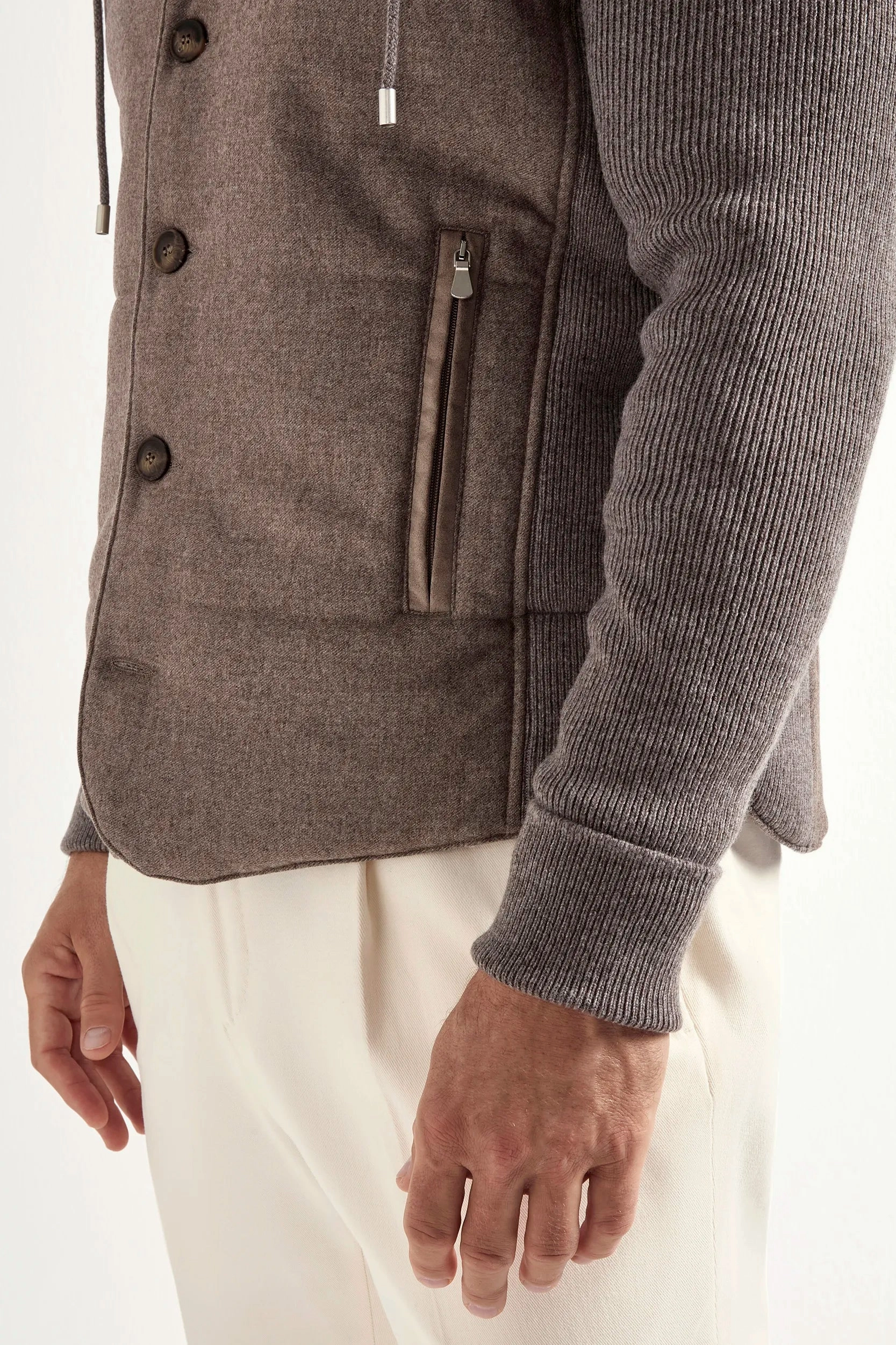 Noise Free Material Flexible Fiber Fill Taupe flannel and knit hooded jacket - Made in Italy